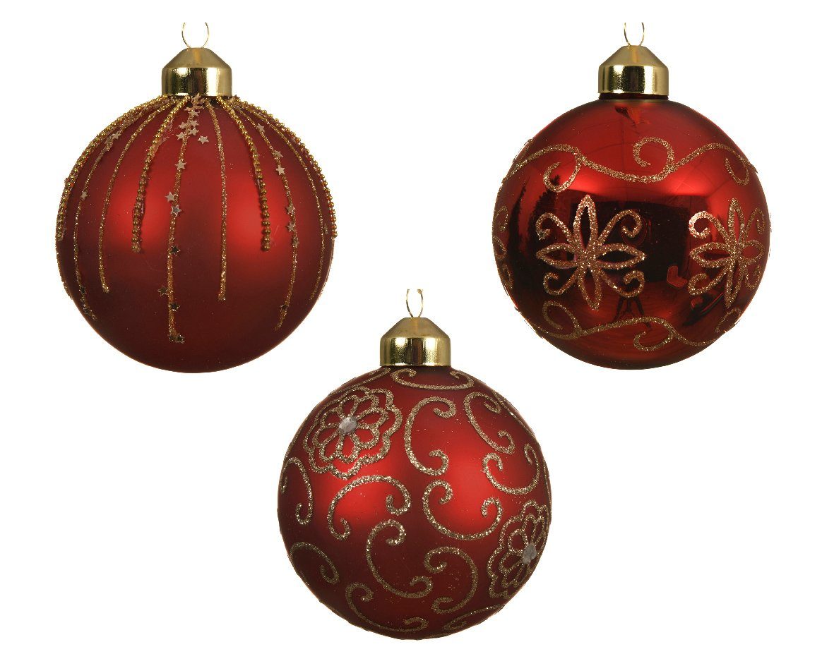 Glas 8cm Muster Weihnachtskugeln season Set 12er Glitzer mit Weihnachtsbaumkugel, weihnachtsrot, Decoris decorations