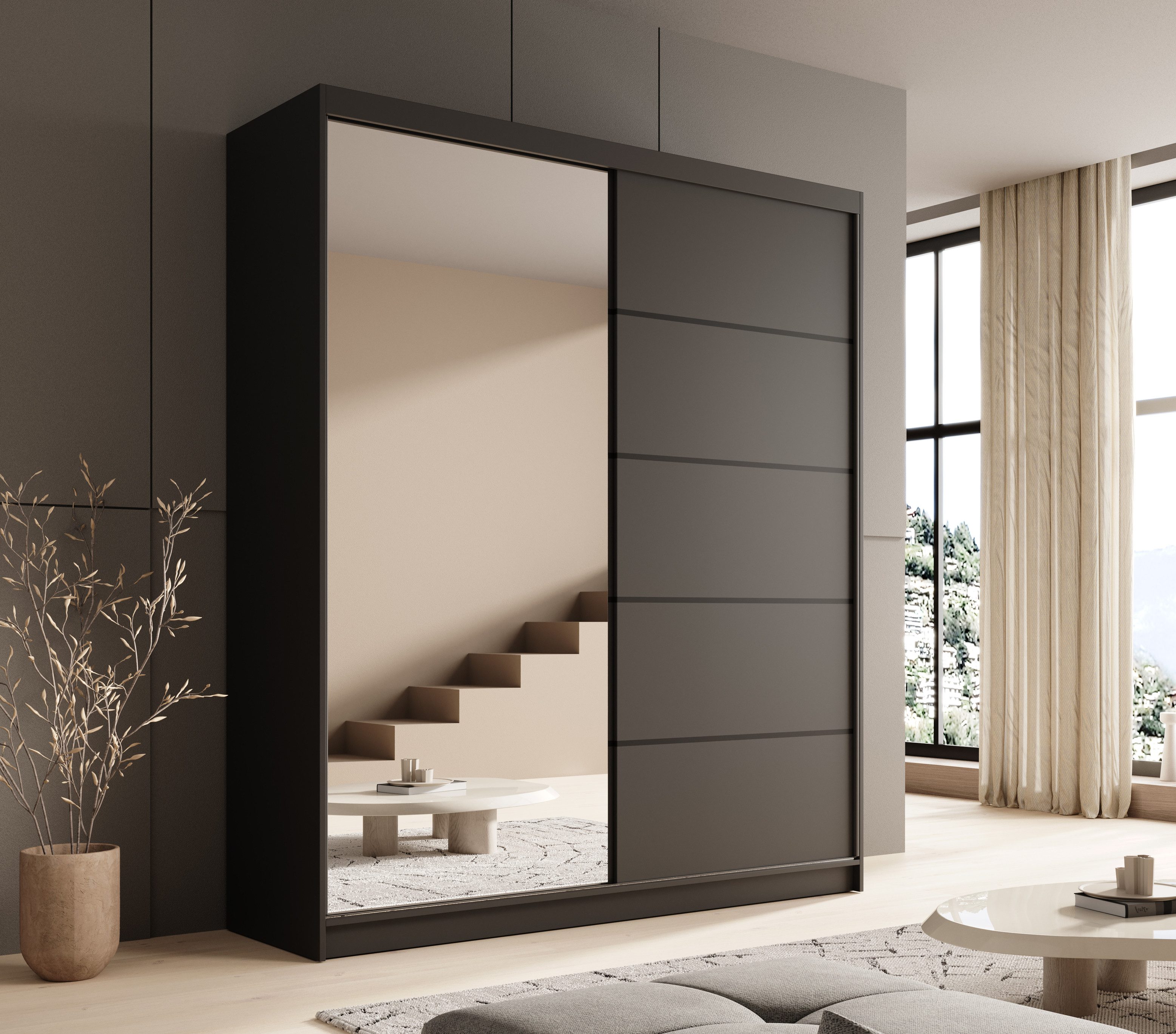 MOEBLO Schiebetürenschrank Nexo 180 (Moderner Kleiderschrank mit Spiegel für Schlafzimmer und Ankleidezimmer, 2 Schiebetüren, 6 Einlegeböden, stabile Kleiderstange, Kleiderschrank 2-türig Schrank Garderobe Schlafzimmer Drehtürenschrank mit Spiegel) (BxHxT): 180x215x58 cm