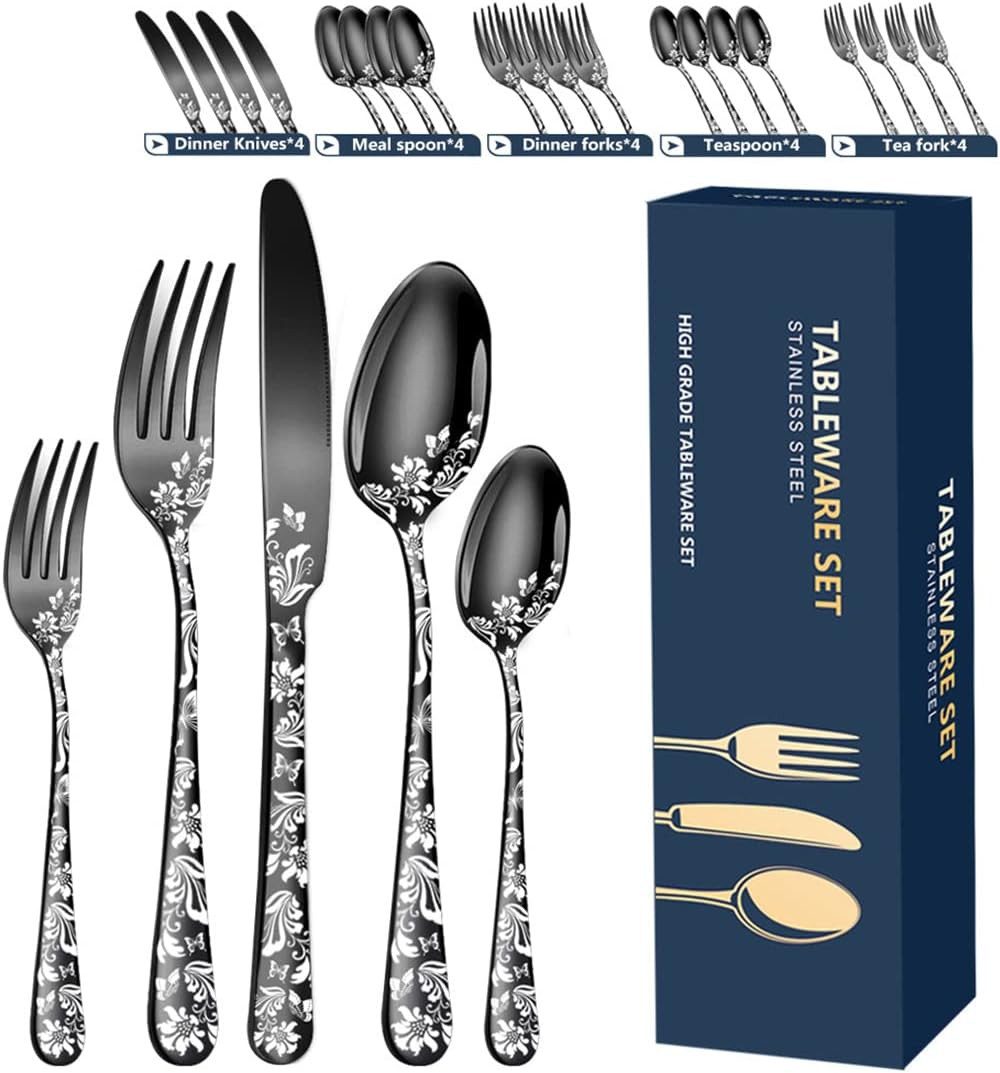 HEYHIPPO Besteck-Set Gemustertes Edelstahlgeschirr, 20-teiliges Set, Western-Steakmesser-, Gabel- und Löffelset, geeignet für Zuhause und Restaurant