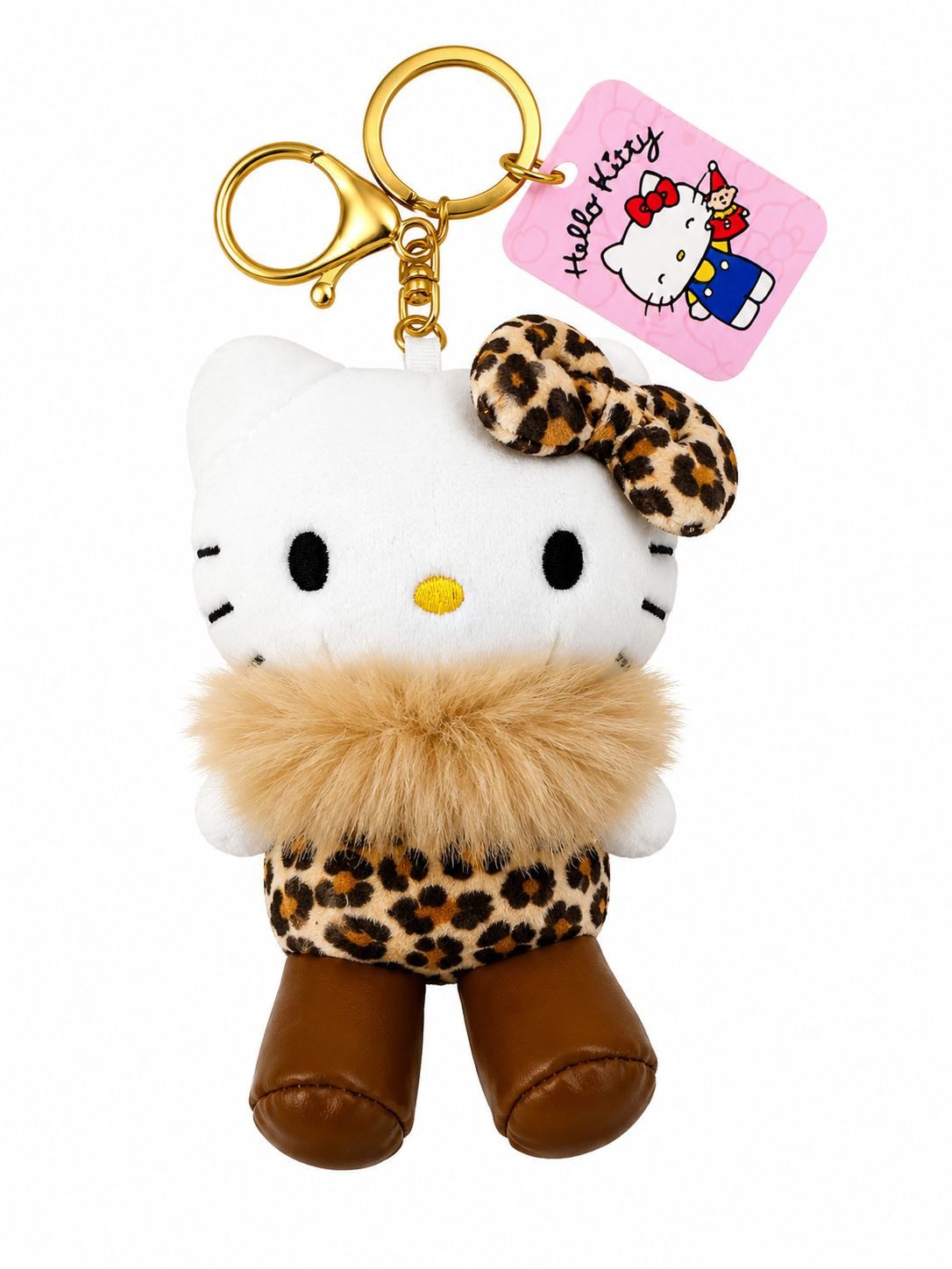 SANRIO Plüschanhänger Hello Kitty Bagclip Kuscheltier Plüsch braun Schlüsselanhänger 10cm (Set, 1-St., Plüschtier mit Anhänger), Weicher Taschenanhänger mit Leo-Design, Clip und Schlüsselring