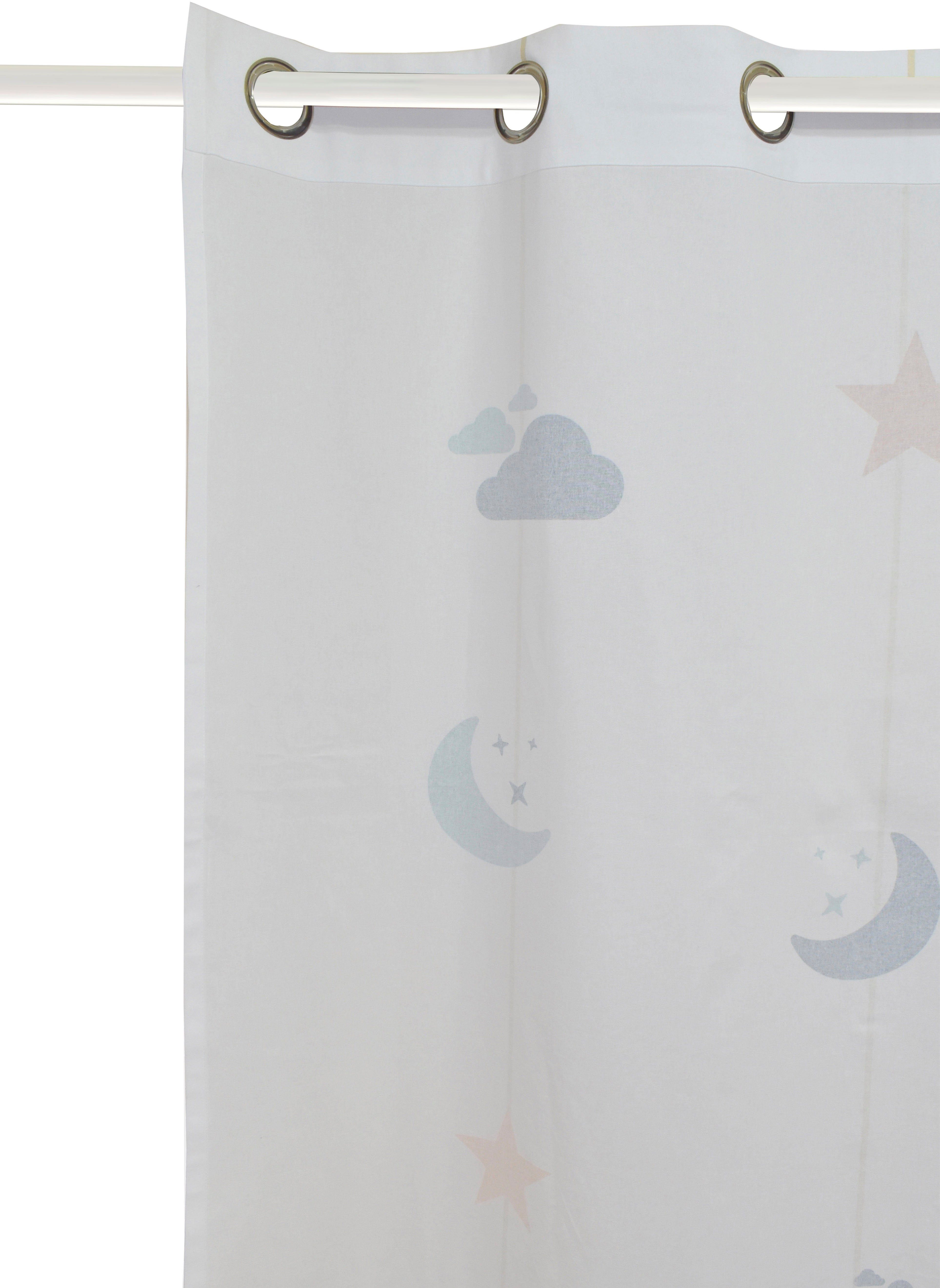 Gardine Romy, Lüttenhütt, Ösen (1 halbtransparent, & Kindergardine Mond, mit St), Sternen einseitig Wolken Baumwolloptik, bedruckt