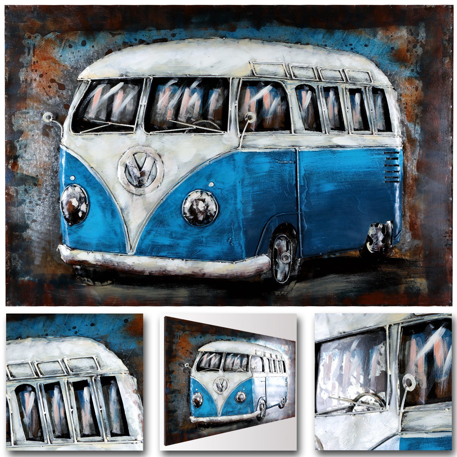 Home4Living Metallbild Wandbild 3D 120x80cm Metallbild Bild Relief handgefertigt, Bulli Blau, 3D Effekt