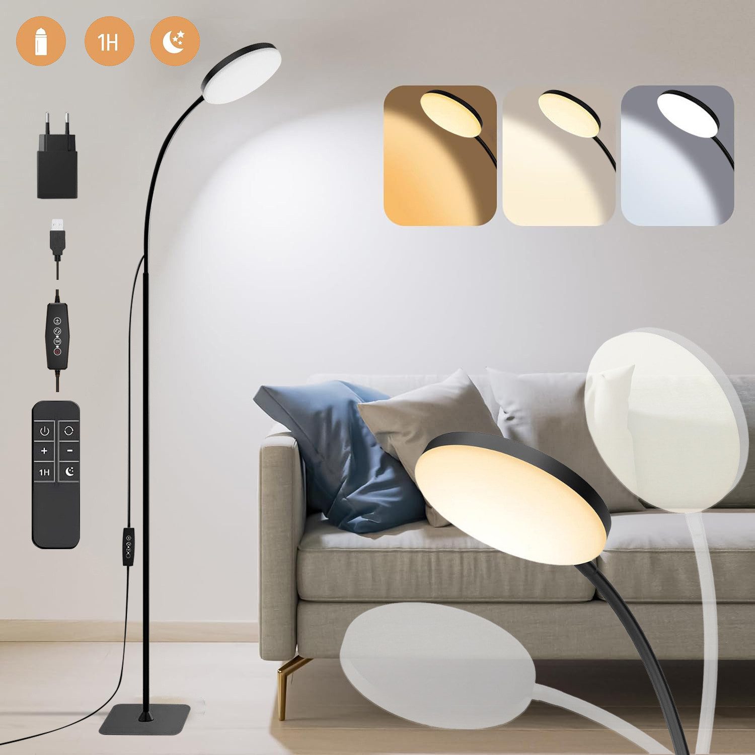 LED Stehlampe Floor Leselampe Dimmbar Einstellbare Höhe mit Fernbedienung Schwarz