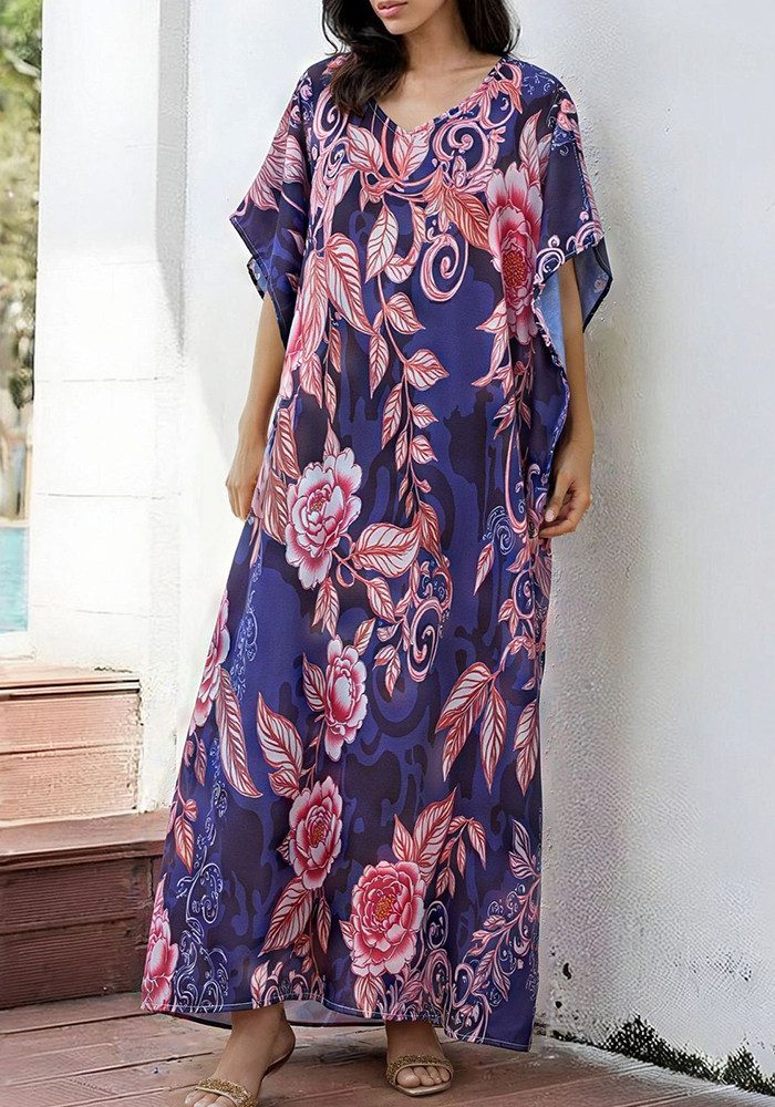 Lovolotti Strandkleid Boho Maxikleid Damen Viskose Sommerkleid mit Blumenmuster Leichtes Kleid mit V-Ausschnitt und weitem Schnitt
