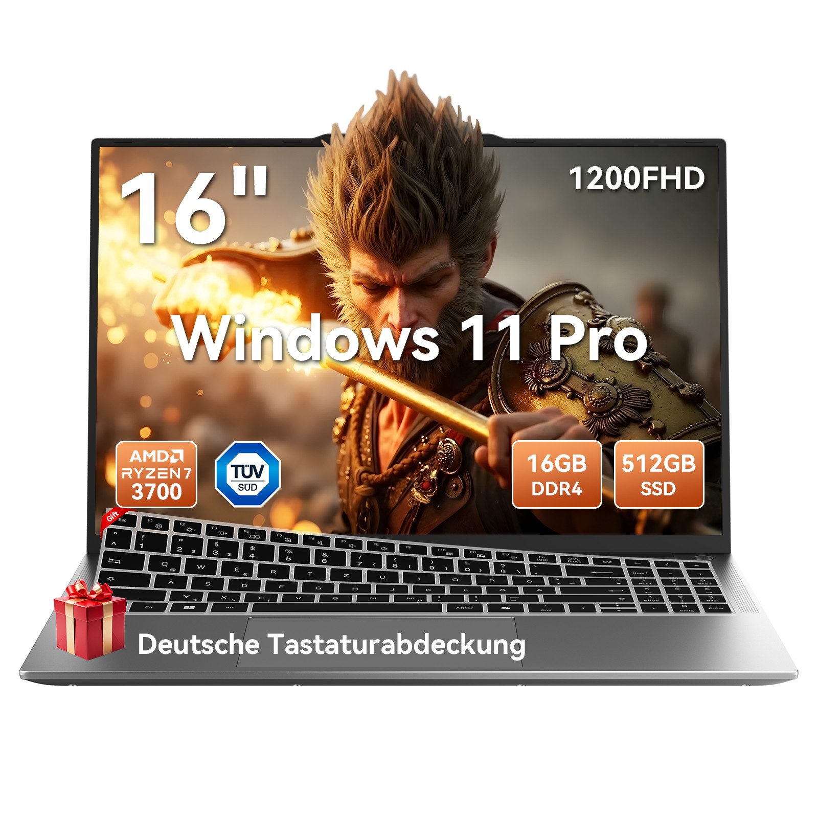 blackview 2026 16‘’ Laptop AMD Ryzen 7 16GB RAM 512GB SSD FHD IPS Windows 11 Pro Notebook (Radeon Vega 10-Grafikkart AMD Ryzen 7 AMD Ryzen 7 3700U, AMD Ryzen 7 3700U, 16 GB, 512 GB SSD, TÜV-Augenschutz. Ultraleicht (1,65 kg / 17,4 mm). 4C/8T)