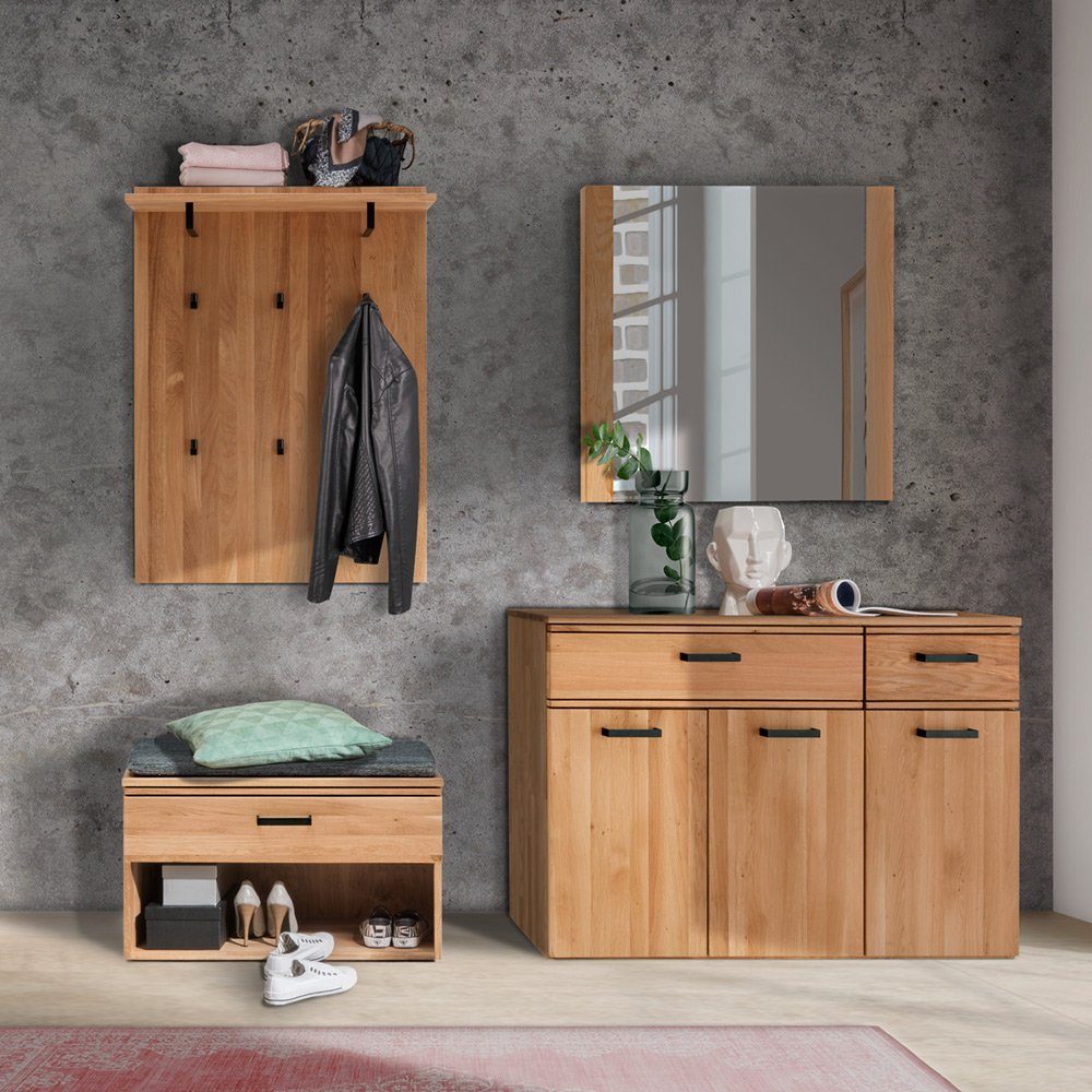Lomadox Шафи-Set LEUNA-64, (Spar-Set, 5-St), Wildeiche massiv geölt, Paneel, Bank mit Kissen, Spiegel, Sideboard