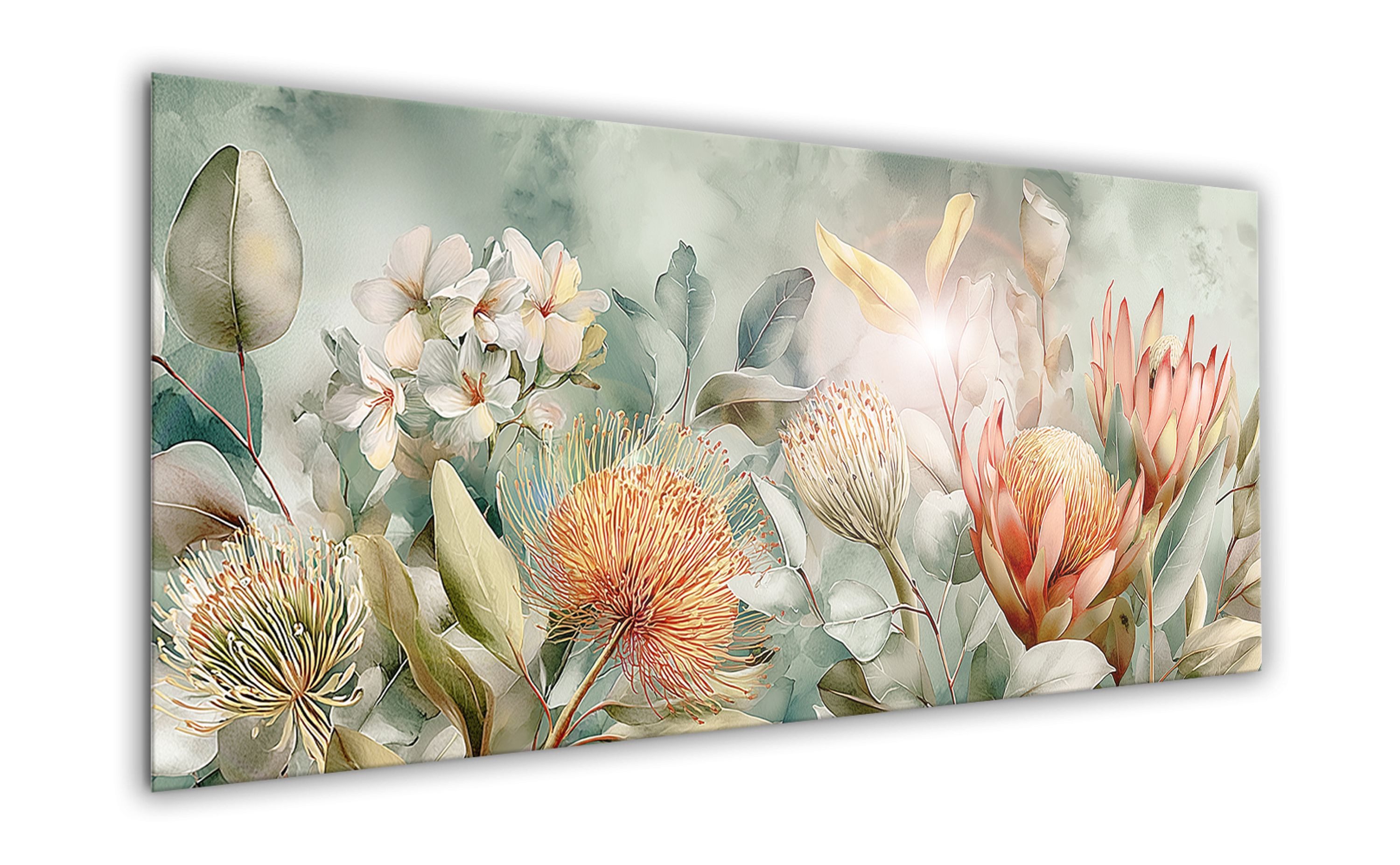 artissimo Glasbild XXL Bild aus Glas 125x50 cm / Panorama Wandbild groß / Wanddeko modern, Aquarell-Malerei: Blüten in salbei-grün