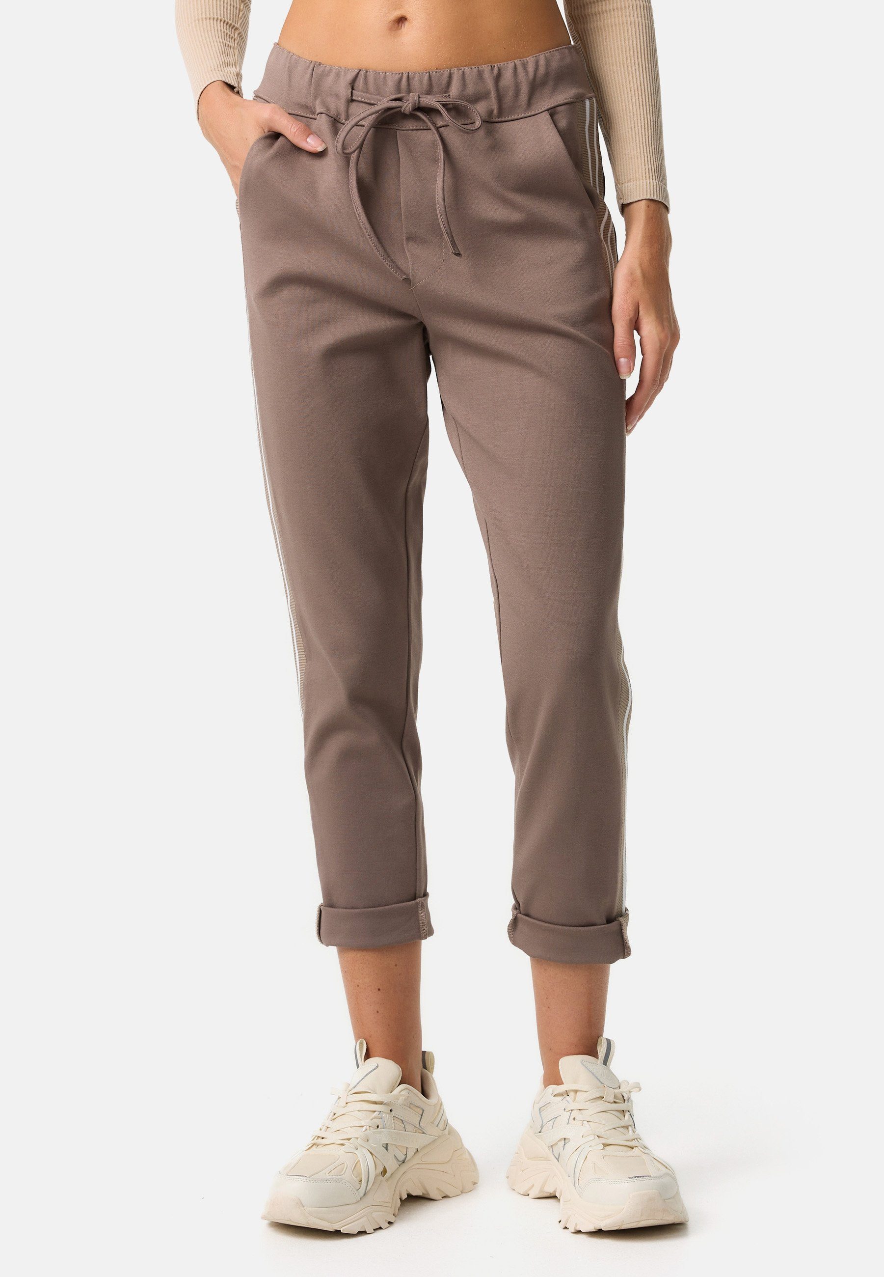 PM SELECTED Relaxhose Taupe Seitliche Taschen) Streifen (Sportliche mit PM64 Freizeithose