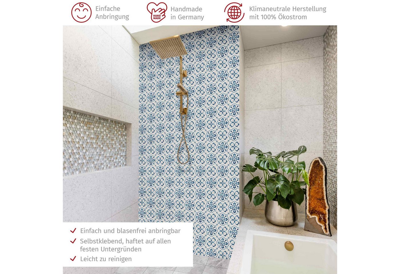 Thumbnail - Bilderdepot24 Badrückwand Fliesenoptik blau Duschrückwand ohne Bohren Dusche, (1-tlg., Hart-Folie Premium matt 0,61 mm),...