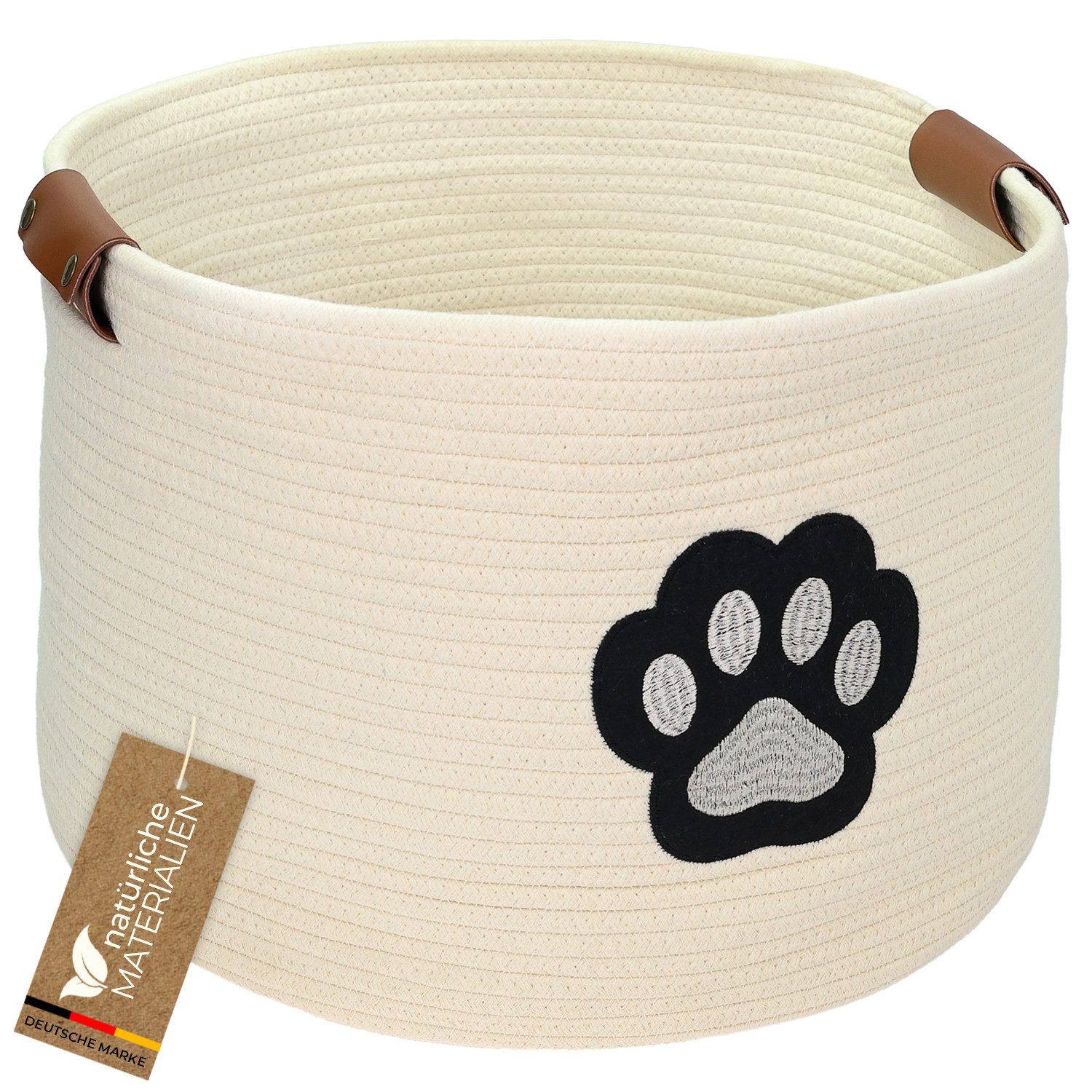 HMF Aufbewahrungskorb Aufbewahrungskorb für Hundezubehör, runder Korb aus, Baumwolle mit Kunstledergriffen, Hundepfoten-Motiv, 45 x 30 cm, Beige