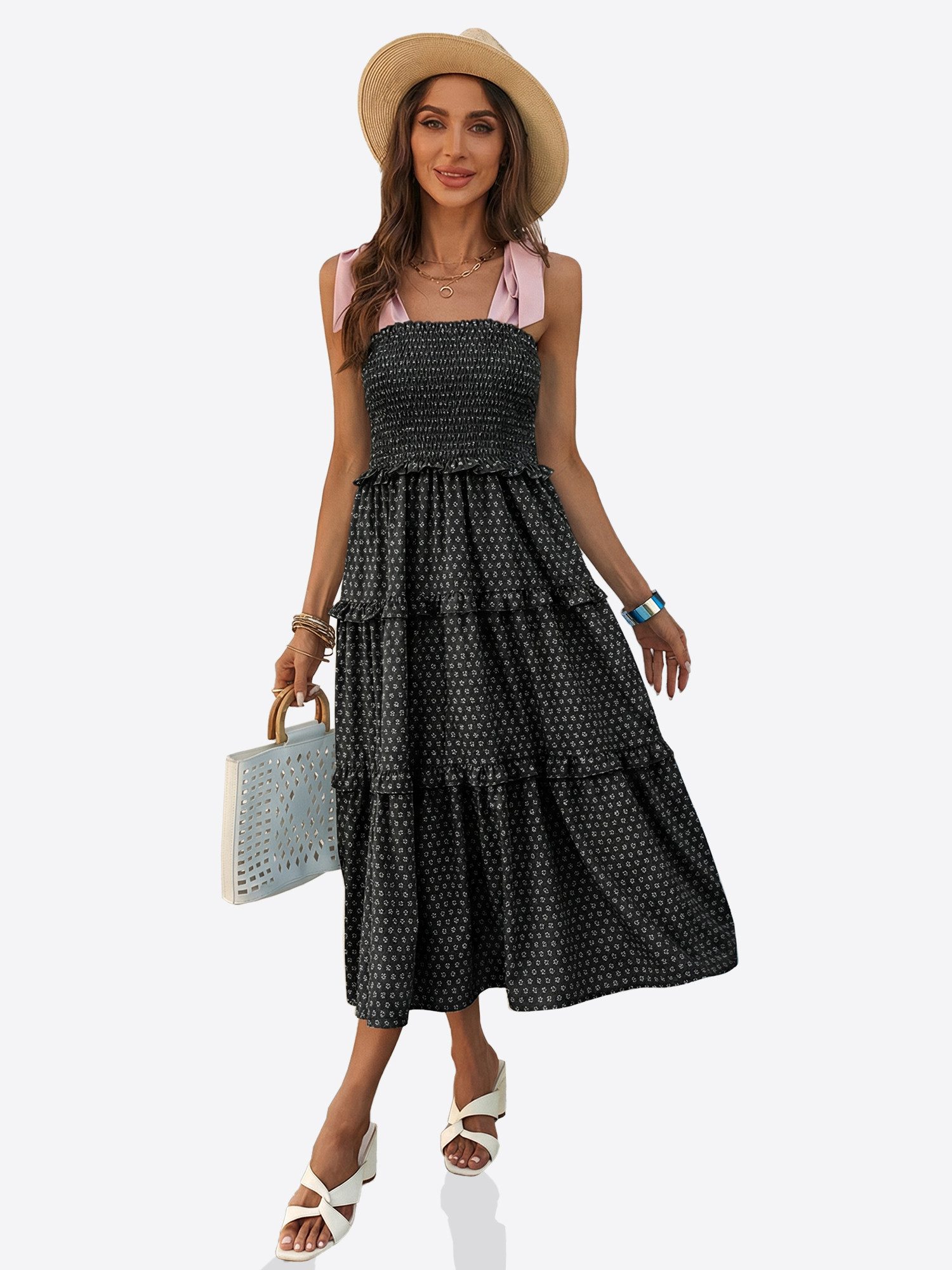 Imily Bela Trägerkleid Damen Sommer Blumendruck Maxikleid rosa Schleifenträgern Ärmellos (Packung, 1-tlg., 1per-Pack) mit gerafftem Oberteil und mehrlagigen Rüschen