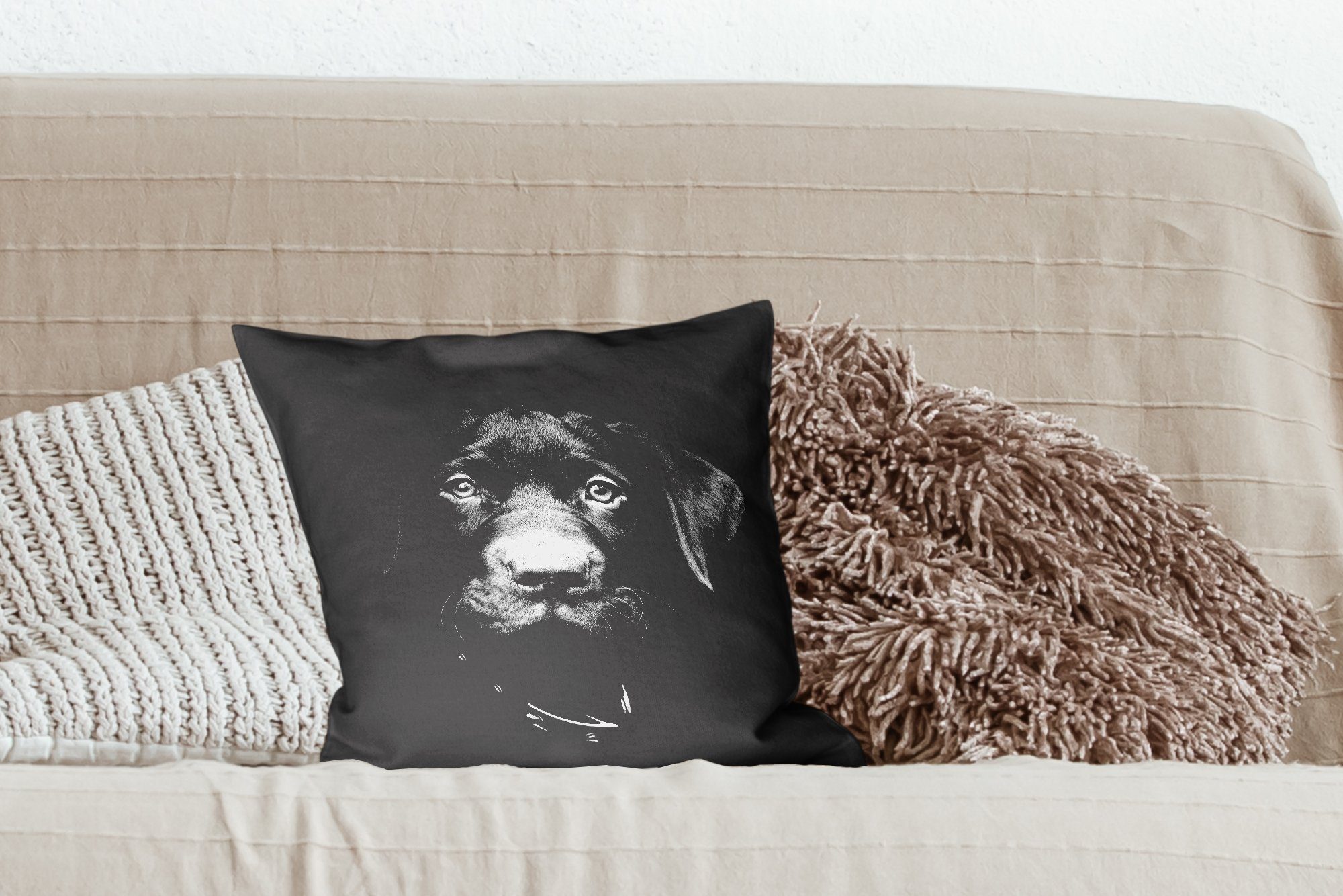 Hund Wohzimmer, und mit schwarz Zierkissen Deko, weiß, Füllung Sofakissen MuchoWow für Dekokissen Schlafzimmer, in Tierprofil