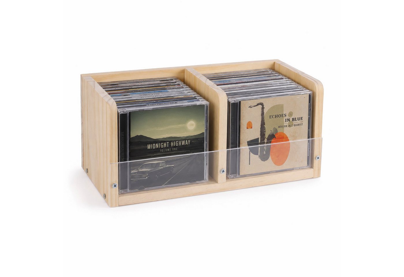 BlingBin CD-Regal CD-Ständer aus Holz und Acryl, 2 Ebenen, für bis zu 30 CD-Hüllen, CD-Aufbewahrung 1-tlg., kompakter Medien Organizer für Schreibtisch, Regal und Wohnzimmer