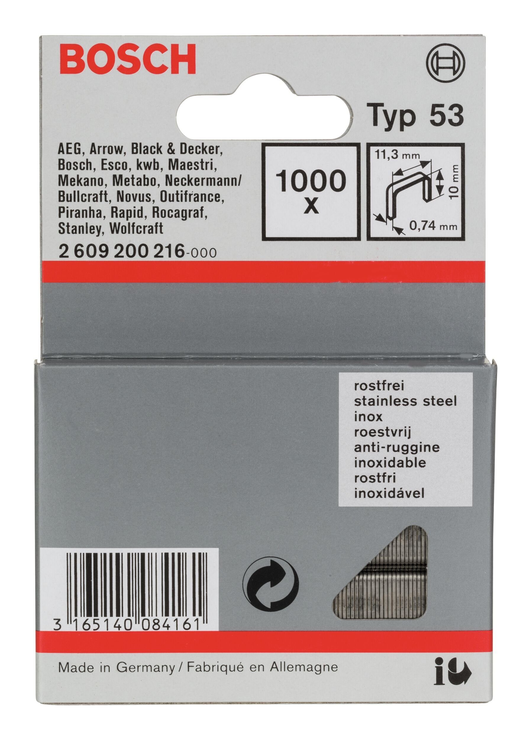 BOSCH Tackerklammer, Typ 53 Feindrahtklammer Edelstahl - 0,74 x 10 x 11,4 mm - 1000er-Pack