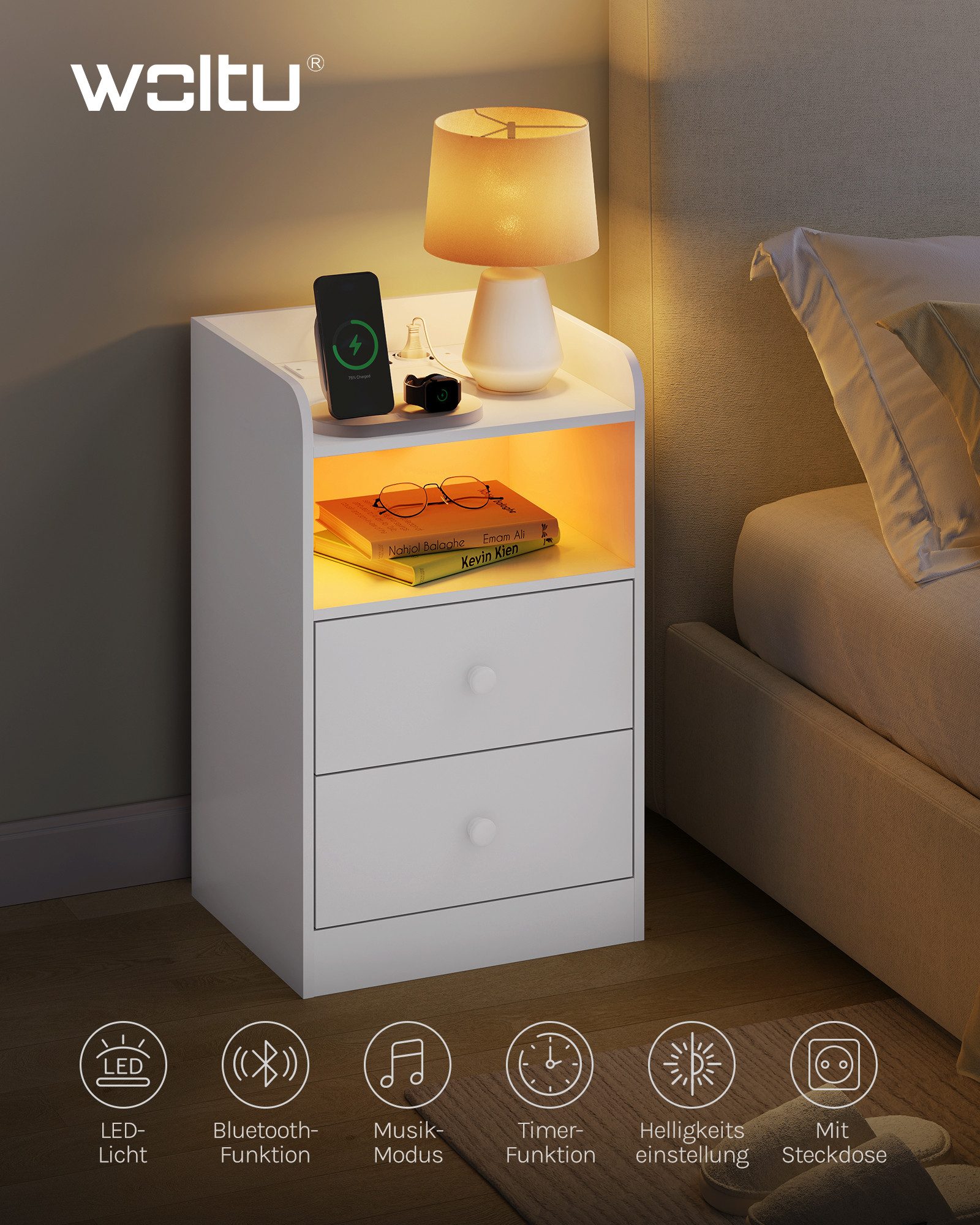 Woltu Nachttisch (1-St), Ladefunktion LED-Licht, 2 Steckdosen 2 USB günstig online kaufen