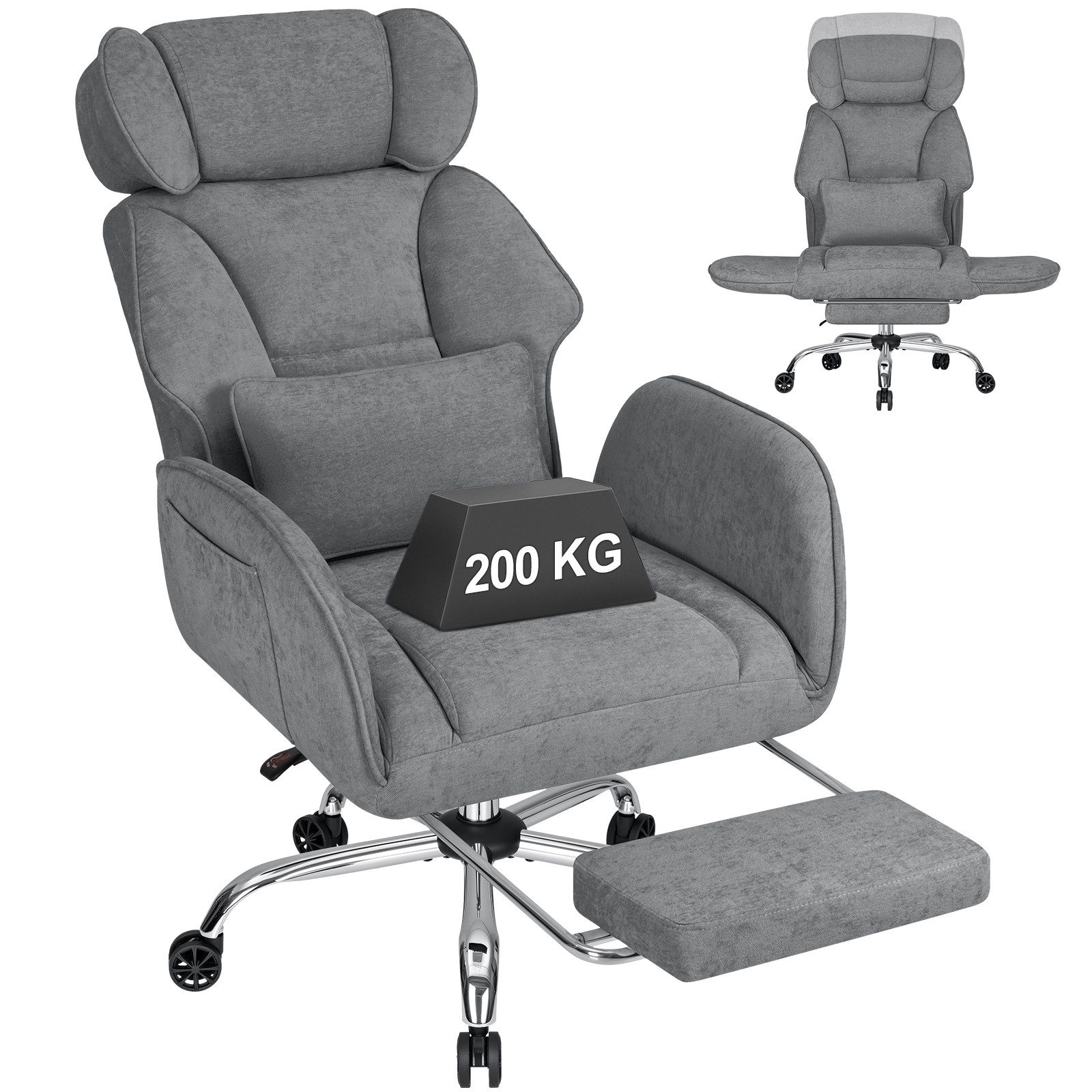Hoffree Chefsessel Ergonomischer Bürostuhl Schreibtischstuhl Gaming Stuhl 200kg Belastbar (Breiter Sitz, 6cm höhenverstellbare Kopfstütze, 135° neigbar), Drehstuhl mit klappbarer Armlehnen,Fußstütze, extra dickes Sitzpolster