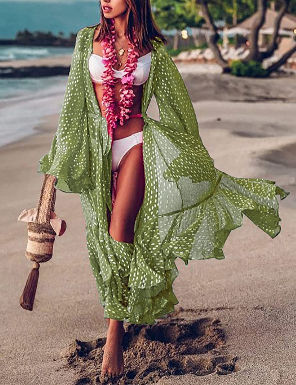 MOPUEA Strandkleid Long Beach Kleid für Frauen, Damen Lose Sommer Pareos (Spitzen Strandponcho Strandurlaub Langes Kleid, 1-tlg) Damen Strandkleid Kimono Cardigan Sommer Boho