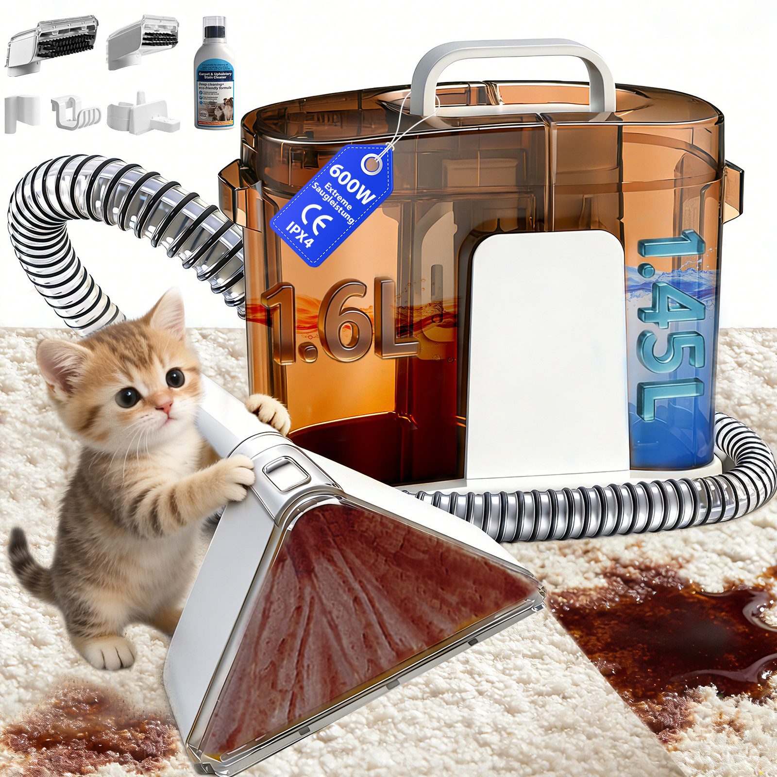 Grenintol Teppichreinigungsgerät 25KPA Waschsauger,Fleckentferner,Teppichreiniger,Polsterreiniger Gerät, 600 W, Tragbarerer Fleckenreiniger mit Trenntank-System, Integrierte Zirkulationsreinigungsfunktion, 1,6ML Schmutzwasser + 1,45ML Frischwasser, Reinigt und desinfiziert Polster, Teppiche, Autos und Matratzen