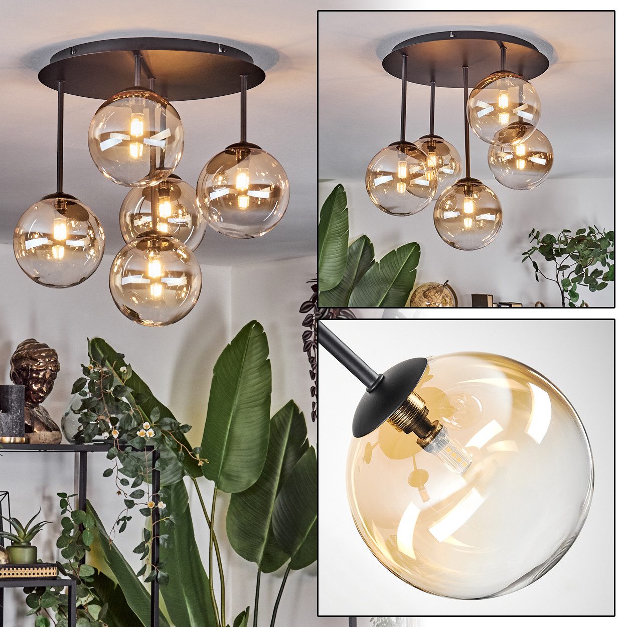 hofstein Deckenleuchte Deckenlampe aus Metall/Glas in Schwarz/Bernsteinfarben/Klar, Deckenleuchte im Retro/Vintage-Design (Schirme Ø 15 cm), 5 x G9