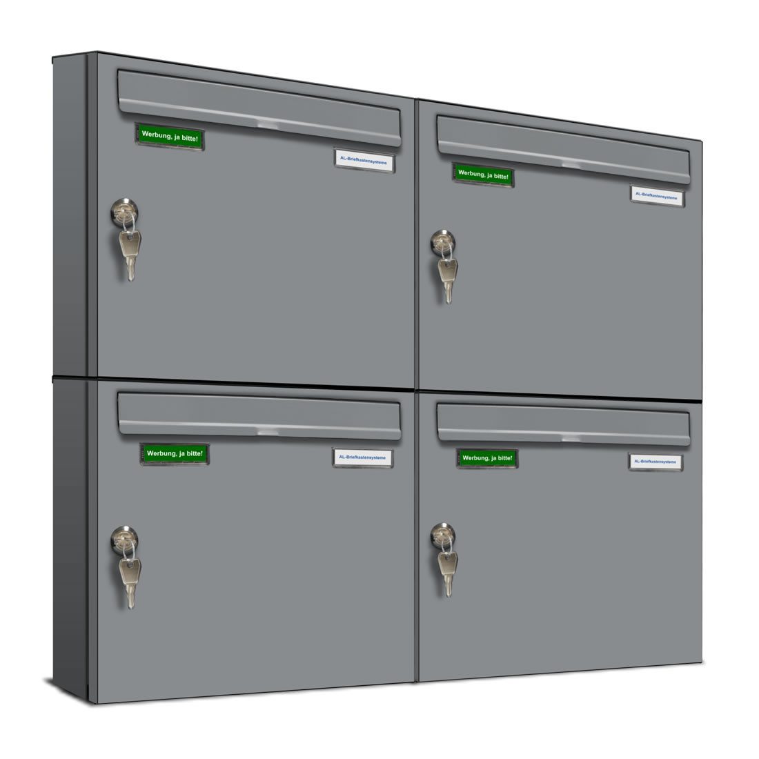 AL Briefkastensysteme Wandbriefkasten 4 Fach Basic Briefkasten A4 RAL Farbe 9006 Weiss Aluminium wetterfest