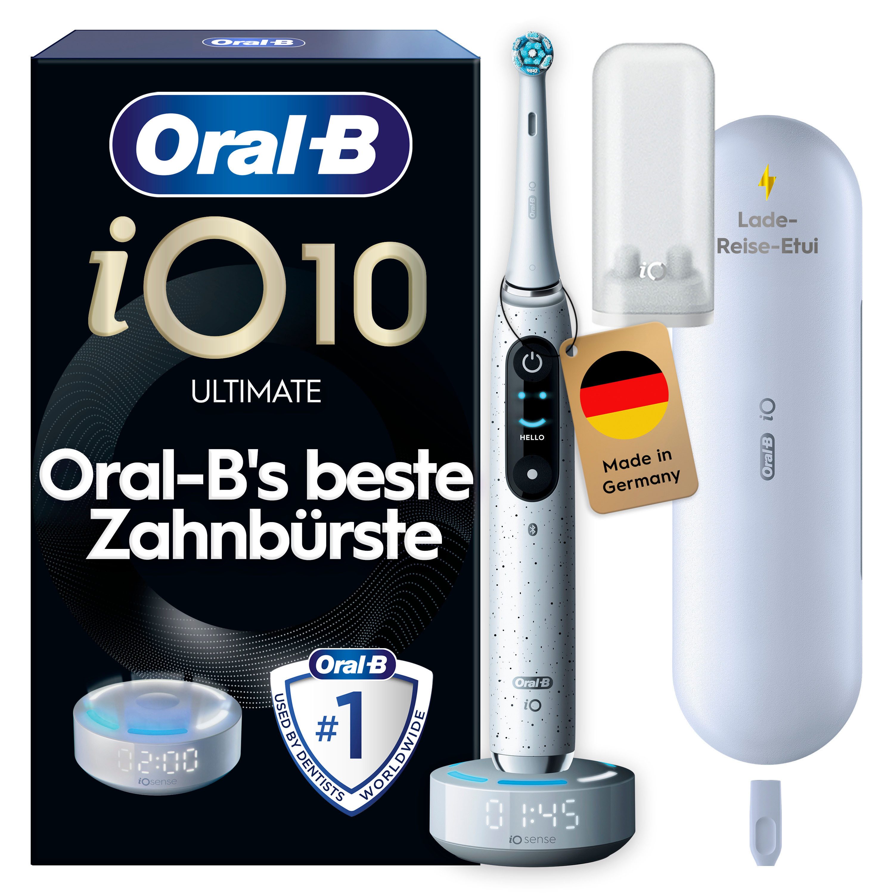Oral-B Elektrische Zahnbürste Oral-B iO Series 10, Aufsteckbürsten: 1 St., 1 Aufsteckbürste, Aufsteckbürstenhalter, Lade-Reise-Etui, iO Sense Zahnputz-Coach, Schnellladestation, Langanhaltender Akku