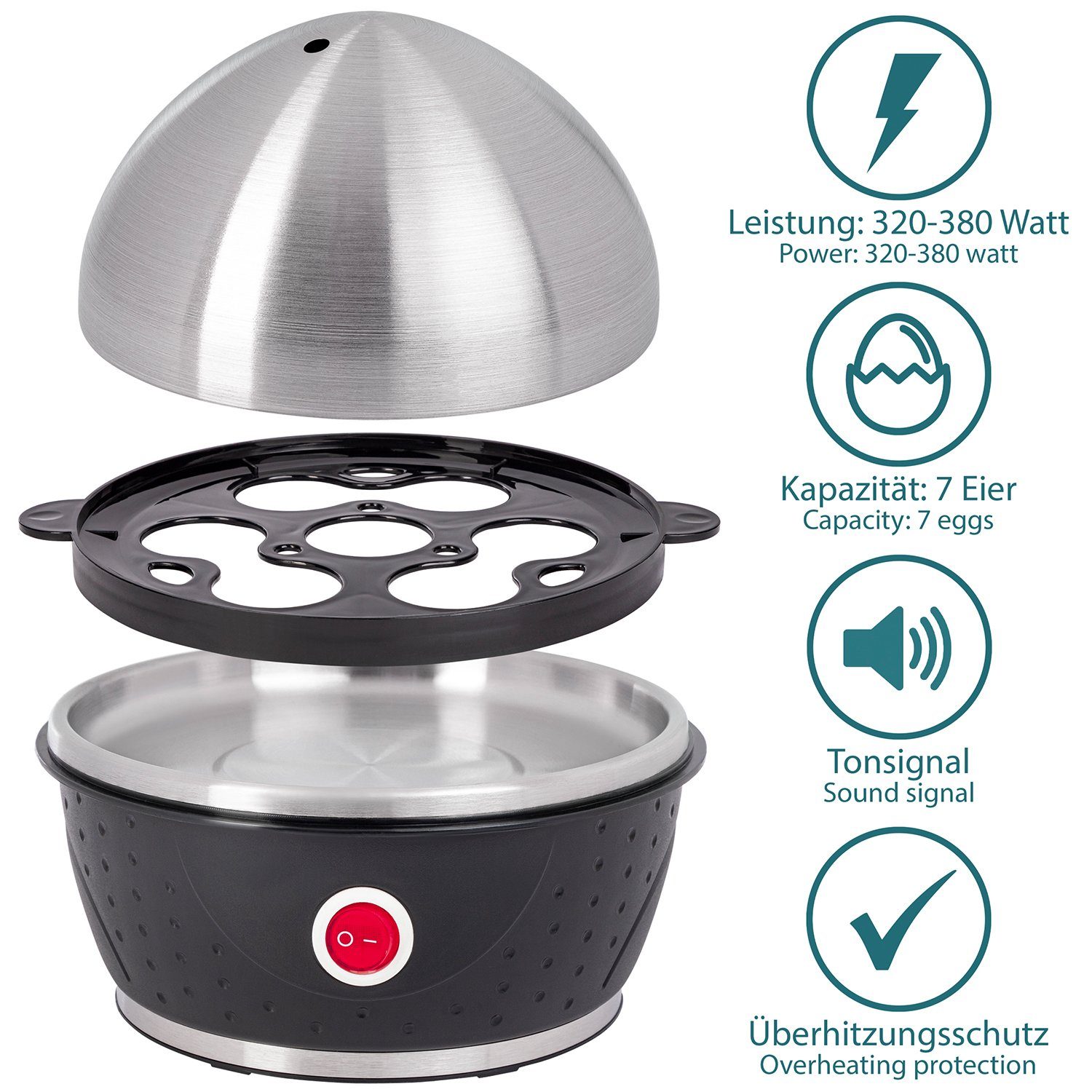 SLABO Eierkocher elektrischer Eierkocher aus Edelstahl bis 7 Eier Messbecher Stechhilfe, Anzahl Eier: 7 St.