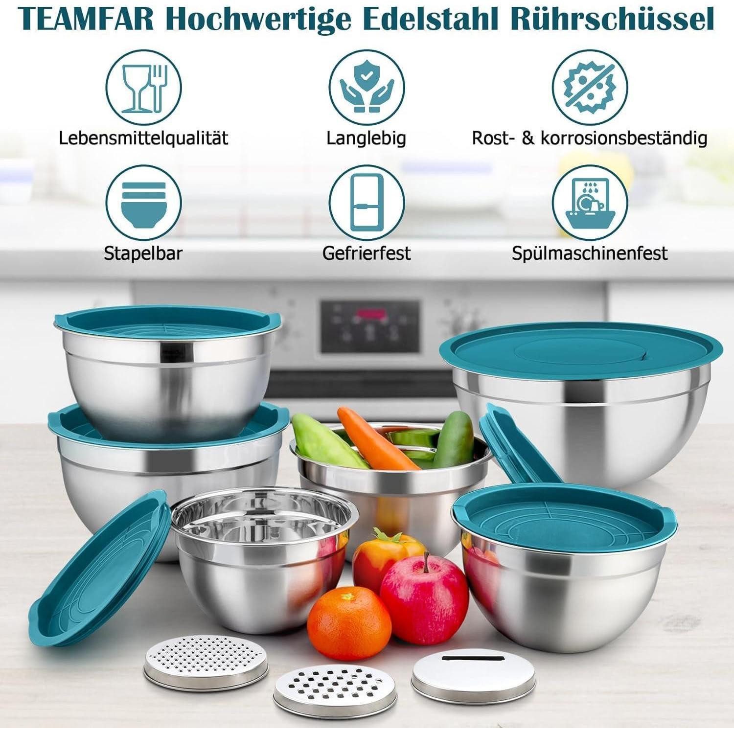 LuxusKollektion Backform Rührschüssel 6er Set Edelstahl Deckel 3 Blau Mit 3 Reibenaufsätzen