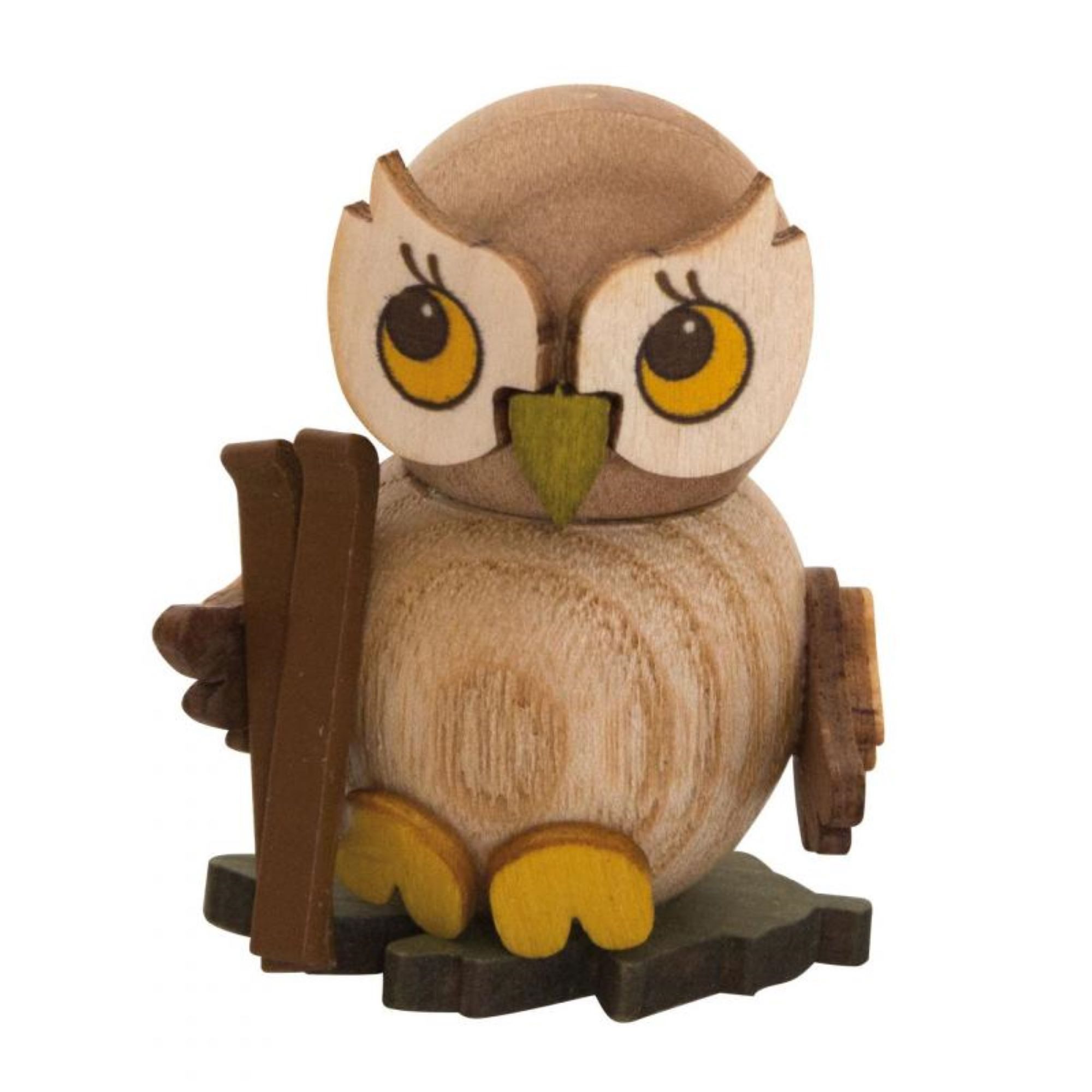 Drechslerei Kuhnert Weihnachtsfigur Eulenkind mit Ski - 4 cm - Echt Erzgebirge