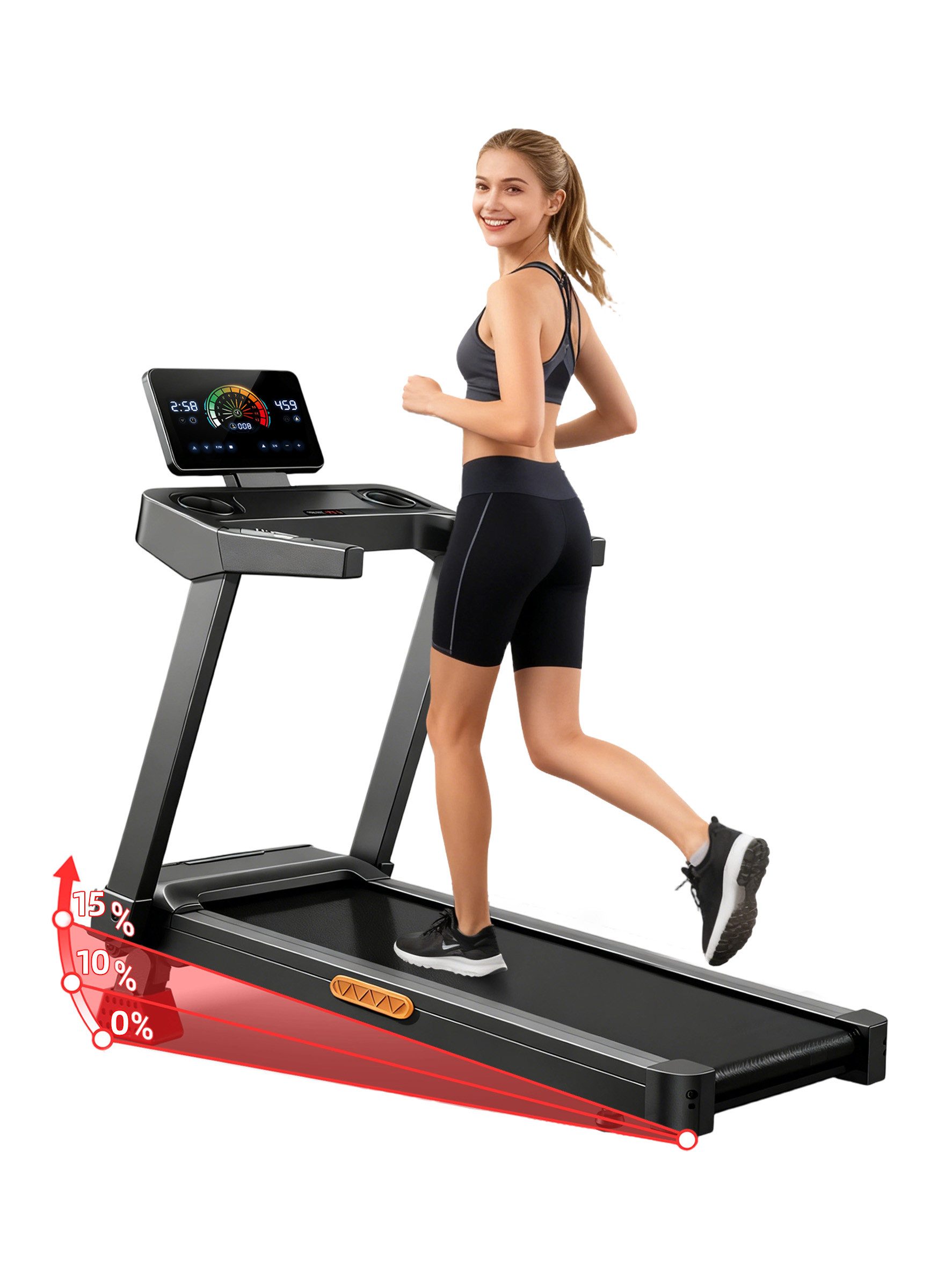 BAYMATE Laufband Laufband mit 15 % Steigung, dreifacher Dämpfung (manuelle Neigungseinstellung, maximale Belastung 180 kg), Lauffläche