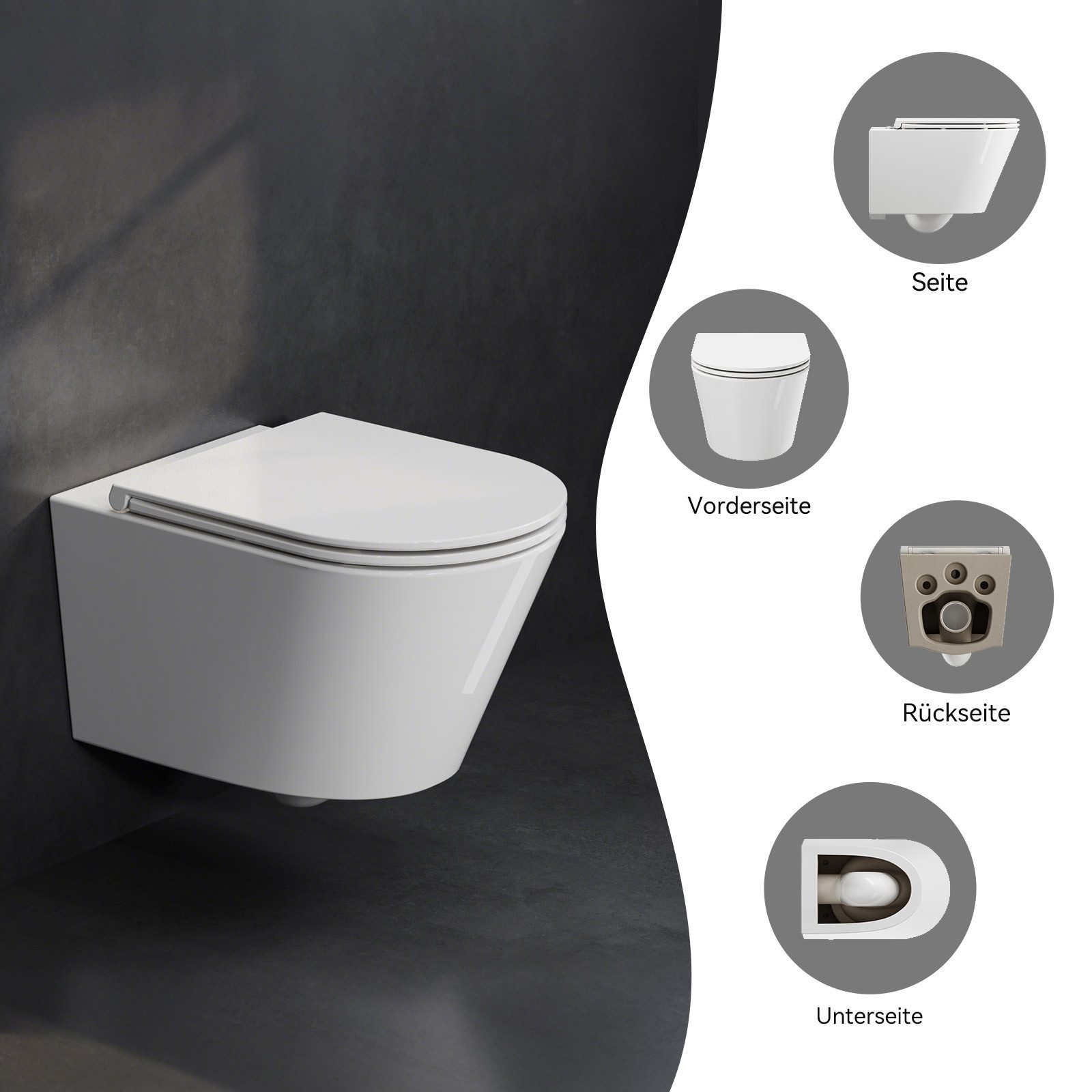 HOROW Tiefspül-WC Hänge WC Spülrandlos Toilette - 360° Einloch Superspin Spülung Wand WC, und WC Sitz mit Absenkautomatik, Abgang WC, Wand-WC mit WC-Sitz Absenkautomatik