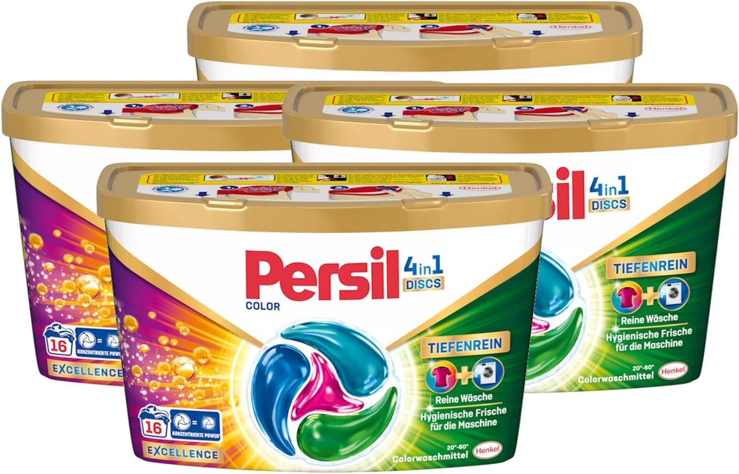 Persil Color 4-in-1 Discs 16 WL mit Tiefenrein Technologie Colorwaschmittel (4er Pack für reine Wäsche und hygienische Frische)