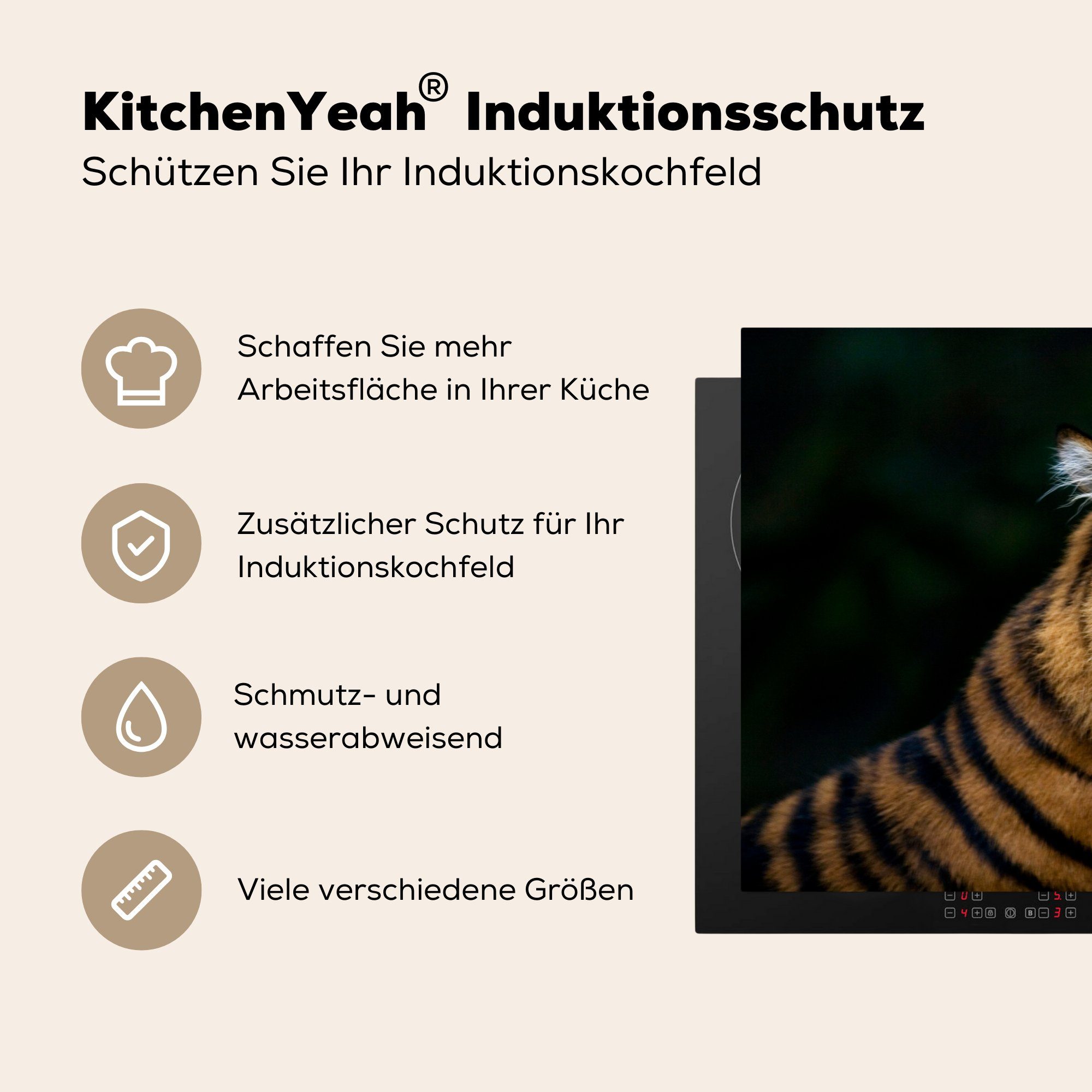 Schwarz, Ceranfeldabdeckung - tlg), Vinyl, küche, die Tiger MuchoWow Herdblende-/Abdeckplatte Porträt (1 für Induktionskochfeld 81x52 - cm, Schutz