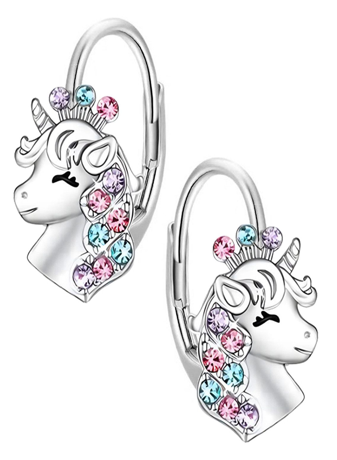 Limana Paar Creolen Zauberhafte Einhorn Mädchen Ohrringe 925 Silber gold bunte Zirkonia (Kinder Schmuck Geschenk inkl. Dose), Geburtstag Einschulung Weihnachten Ostern Schulanfang