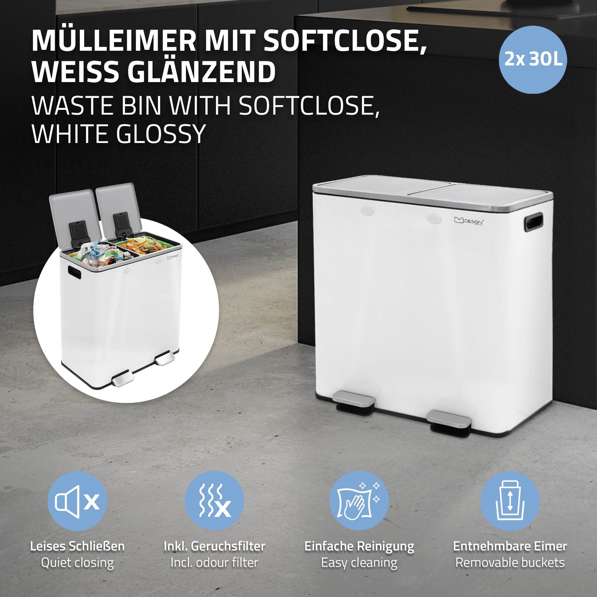 Softclose Mülleimer 30L 2x luftdicht Weiß Fächer ML-DESIGN Treteimer Küche Abfalleimer, 2 Stahl-unststoff Mülltrennsystem