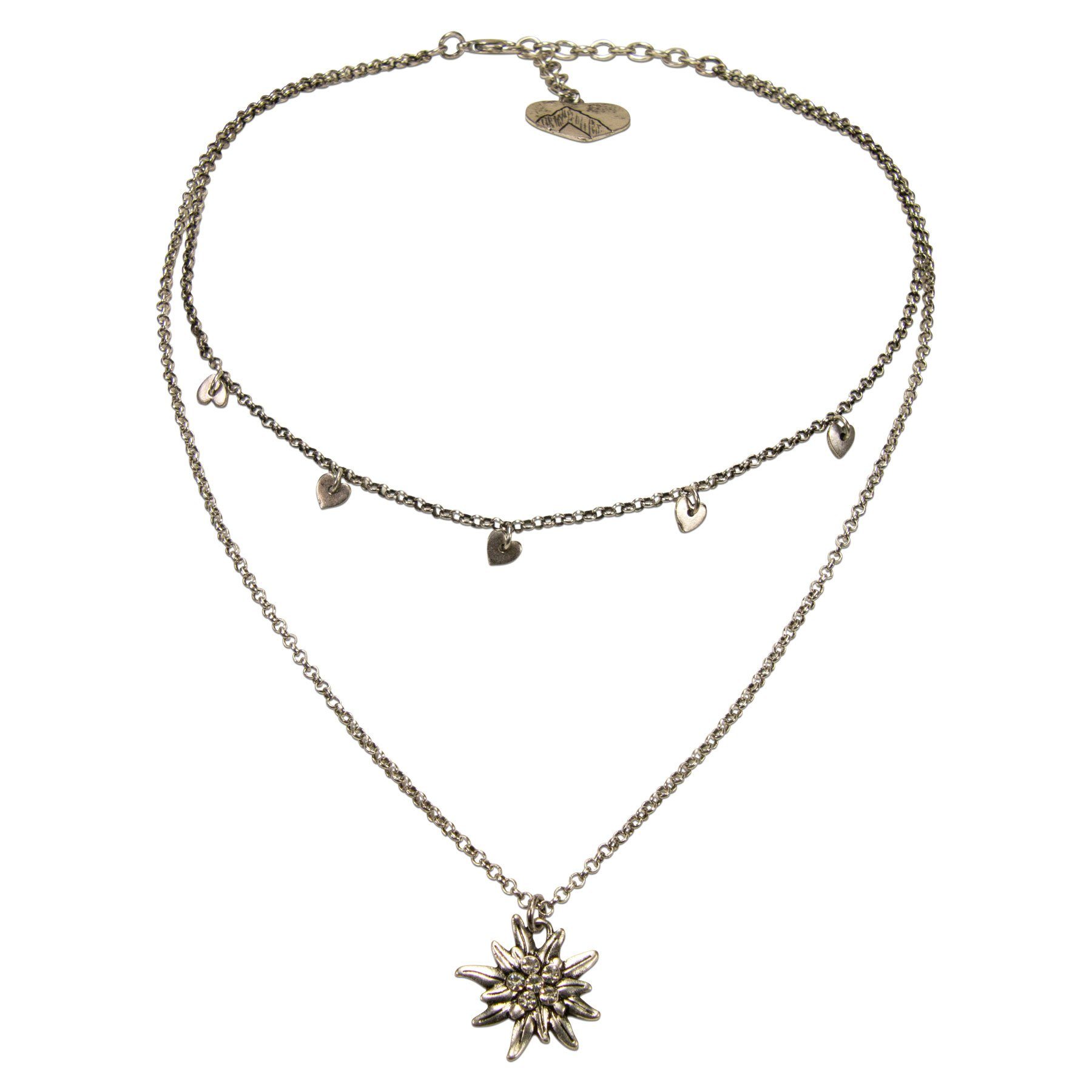 Alpenflüstern Collier Metall-Trachtenkette Strass-Edelweiß & Herzchen (antik-silber-farben), - Damen-Trachtenschmuck Dirndlkette