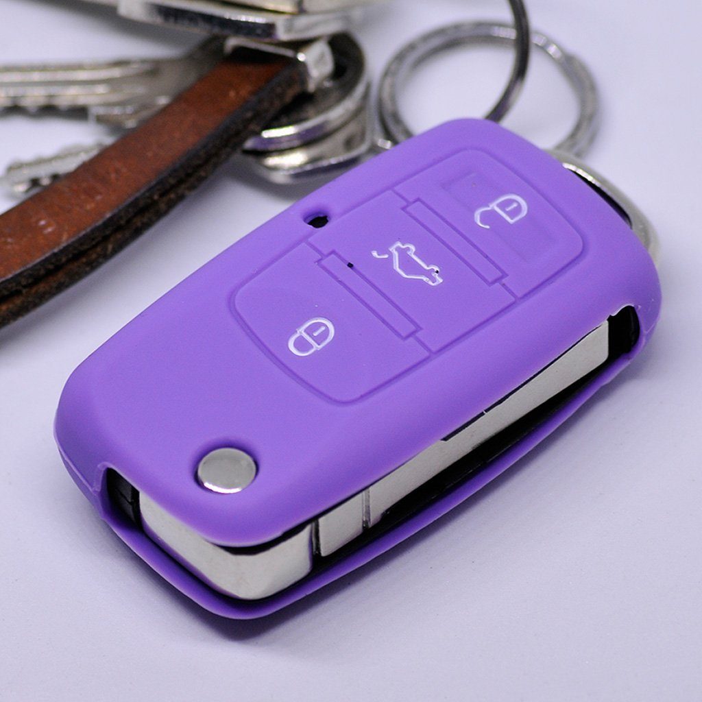 mt-key Schlüsseltasche Autoschlüssel Softcase Silikon Schutzhülle Lila, für VW Seat Skoda bis 11/2009 3 Tasten Klappschlüssel