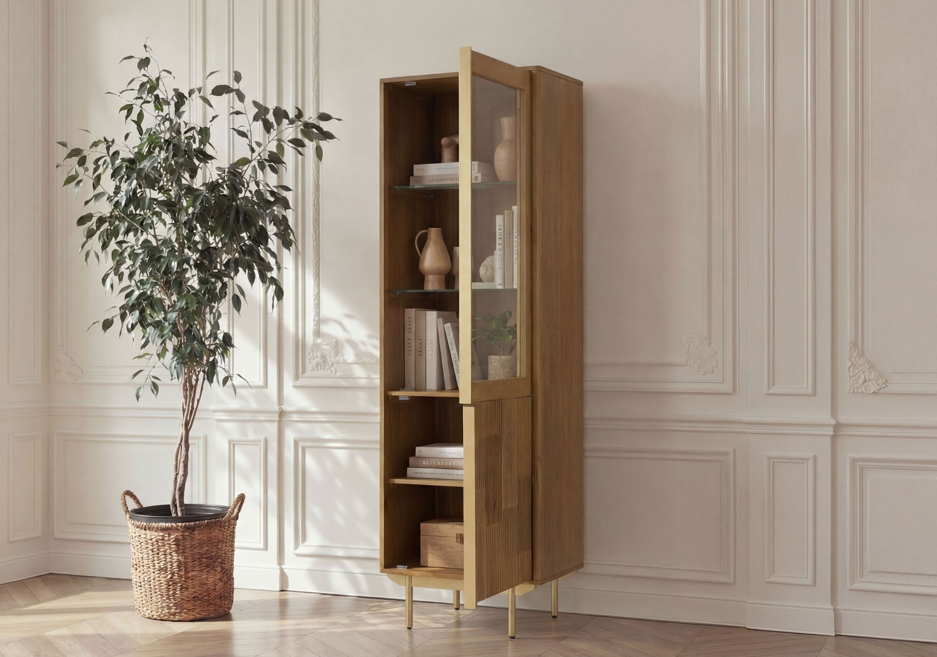 Massivmoebel24 Standvitrine MIAMI (Mango 60x40x180 hellbraun geölt MIAMI #117) Mango 60x40x180 hellbraun geölt MIAMI #117