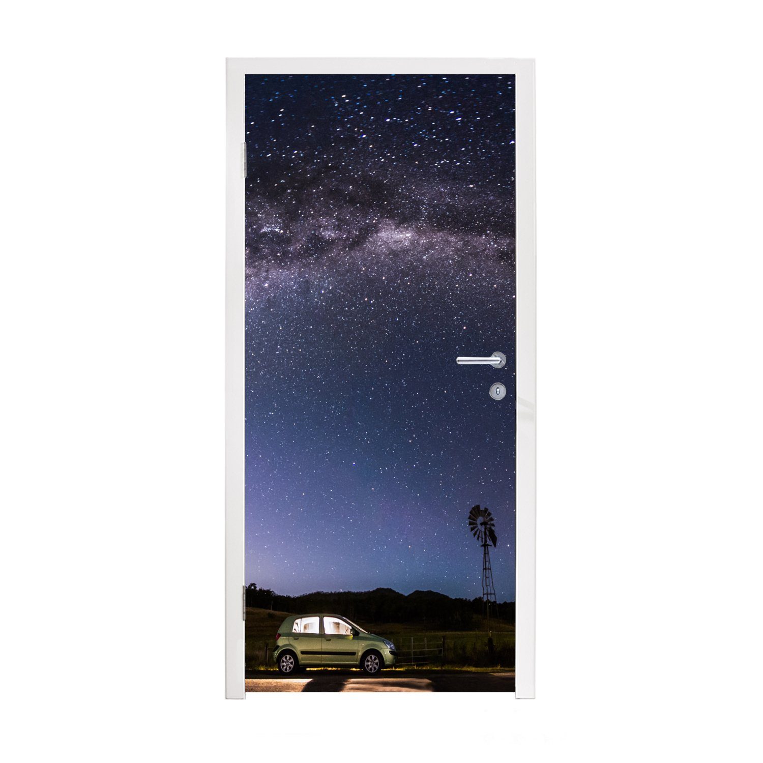 MuchoWow Türtapete Die Milchstraße mit einem geparkten Auto, Matt, bedruckt, (1 St), Fototapete für Tür, Türaufkleber, 75x205 cm