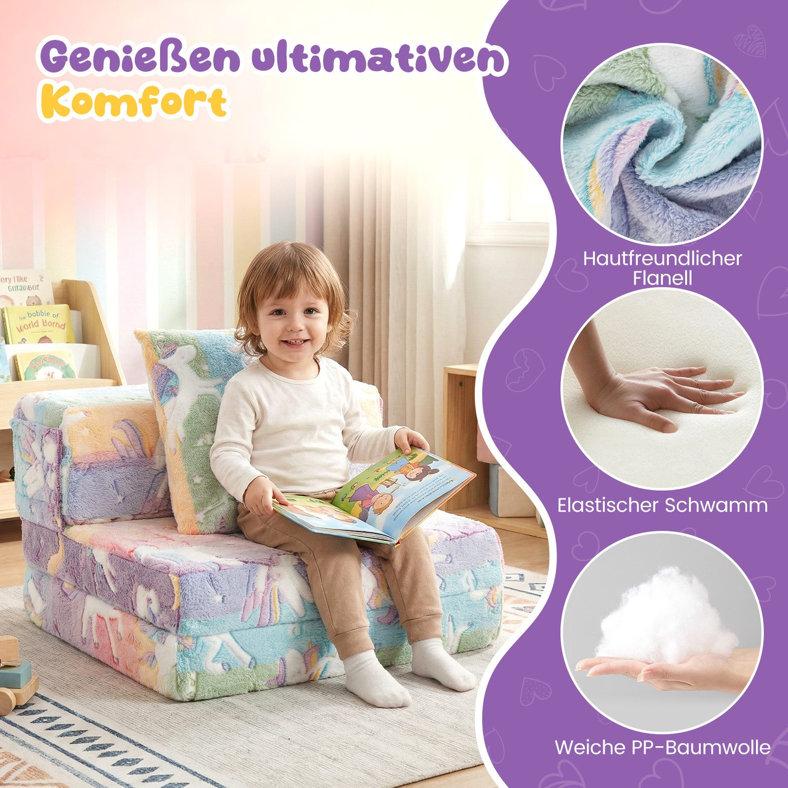 KOMFOTTEU Kindersofa, 3-in-1 Kinderschlafsofa mit Schwammpolster & abnehmbarem Bezug