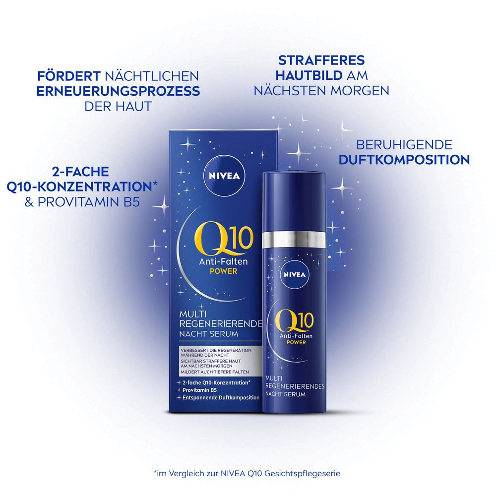 Nivea Nachtserum Q10 ANTI-FALTEN MULTI REGENERIERENDES NACHTSERUM, für alle Hauttypen und reife Haut, mit Koenzym Q10, flüssige Textur