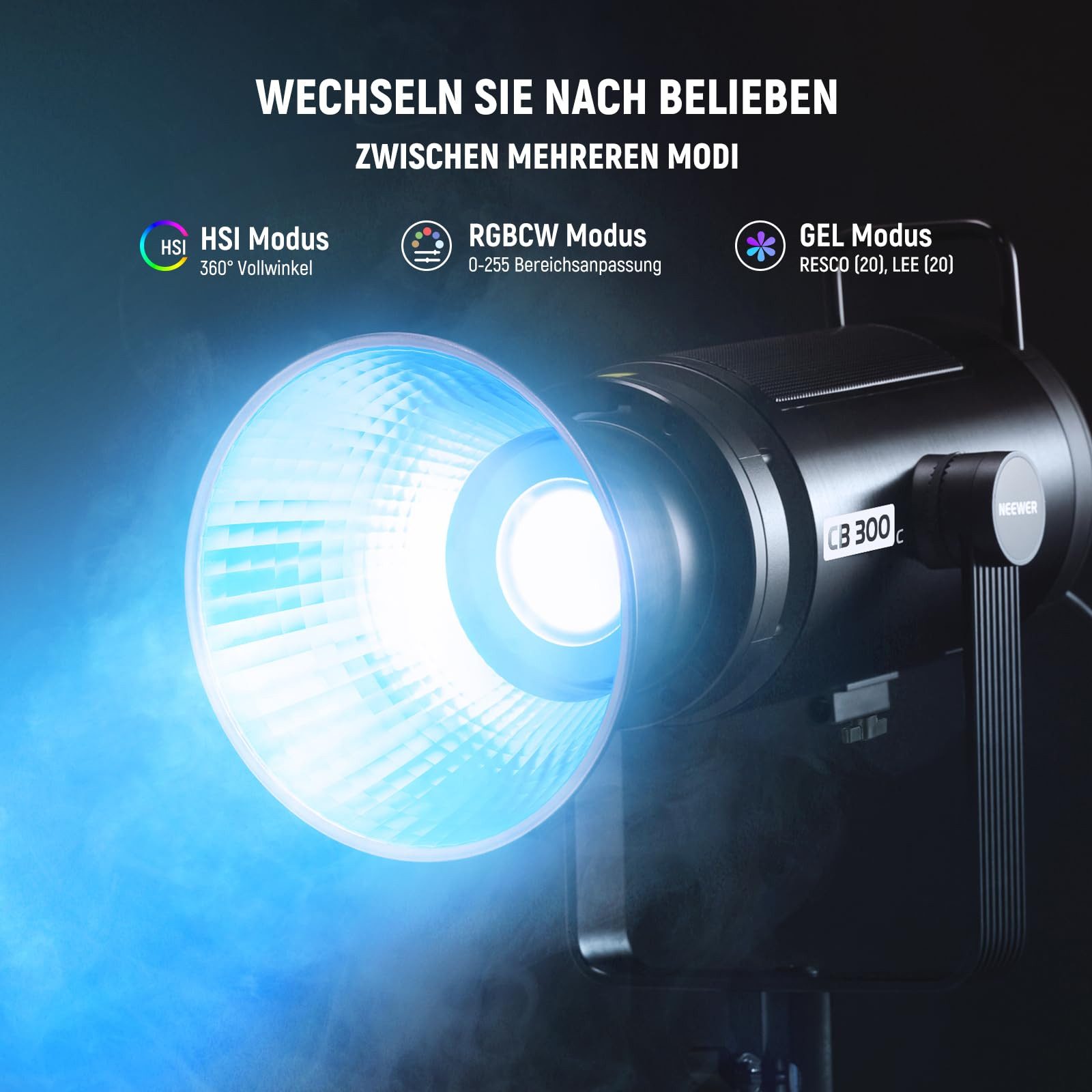 Neewer Videoleuchte CB300C 300W RGB LED Videolicht, mit Reflektor, APP& 2,4G Steuerung, 2500K-7500K CRI97+, 17 Szeneneffekte, Bowens Mount, für Studio – Bild 4 von 5