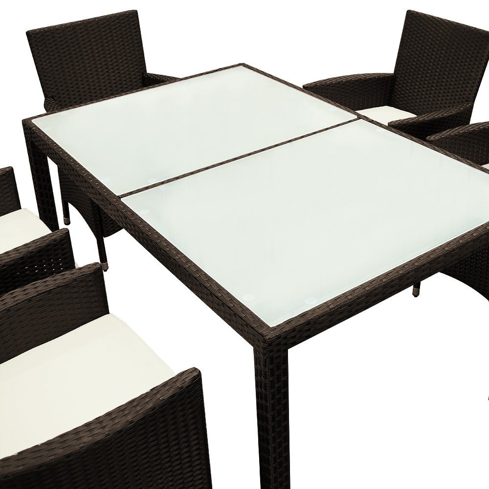 Auflagen 7cm Stühle Gartentisch Sitzgruppe stapelbare Casaria 150x90cm Polyrattan 6+1, 6