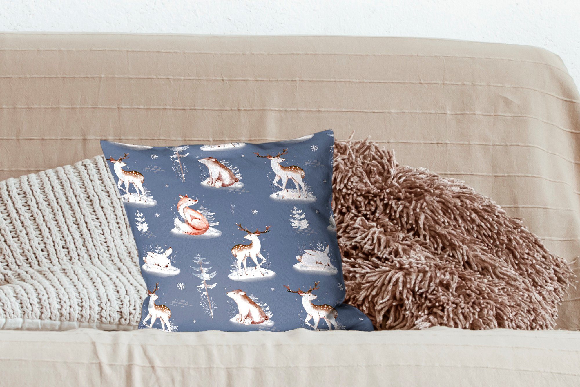 mit Hirsch Sofakissen Wohzimmer, Zierkissen für Schlafzimmer, Fuchs, Winter Füllung - MuchoWow - Dekokissen - Bär Deko,