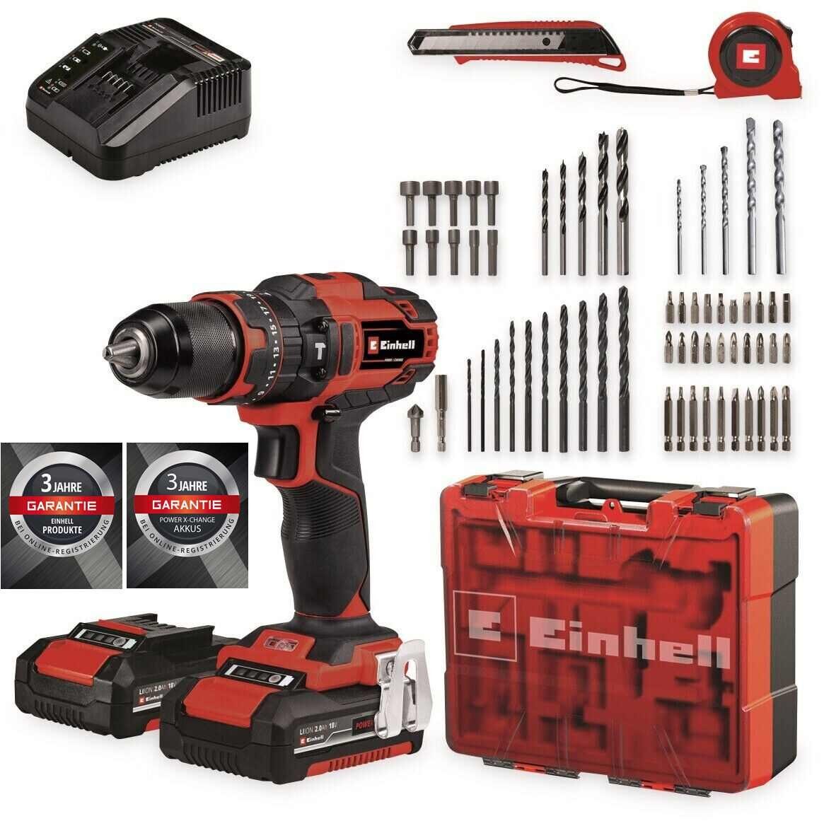 Einhell Akku-Bohrmaschine Einhell Akku-Schlagbohrschrauber-Set TE-CD 18/40 Li-i +64tlg. 2 Akkus