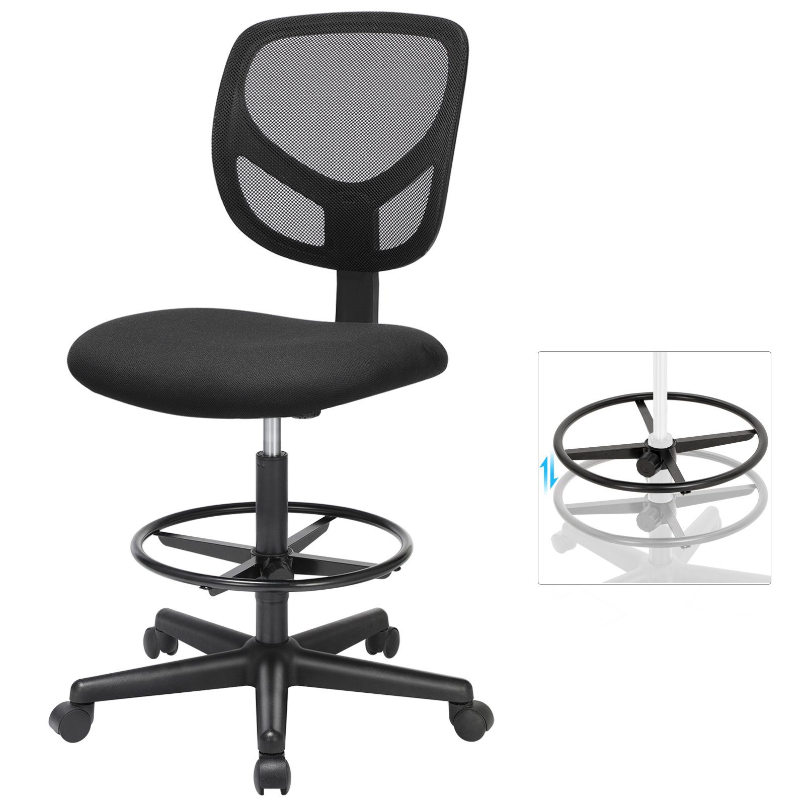 SONGMICS Bürostuhl ergonomischer Schreibtischstuhl, Netzstuhl, 64 x 64 x (97-117) cm, mit verstellbarer Fußstütze, Belastbarkeit 120 kg, tintenschwarz