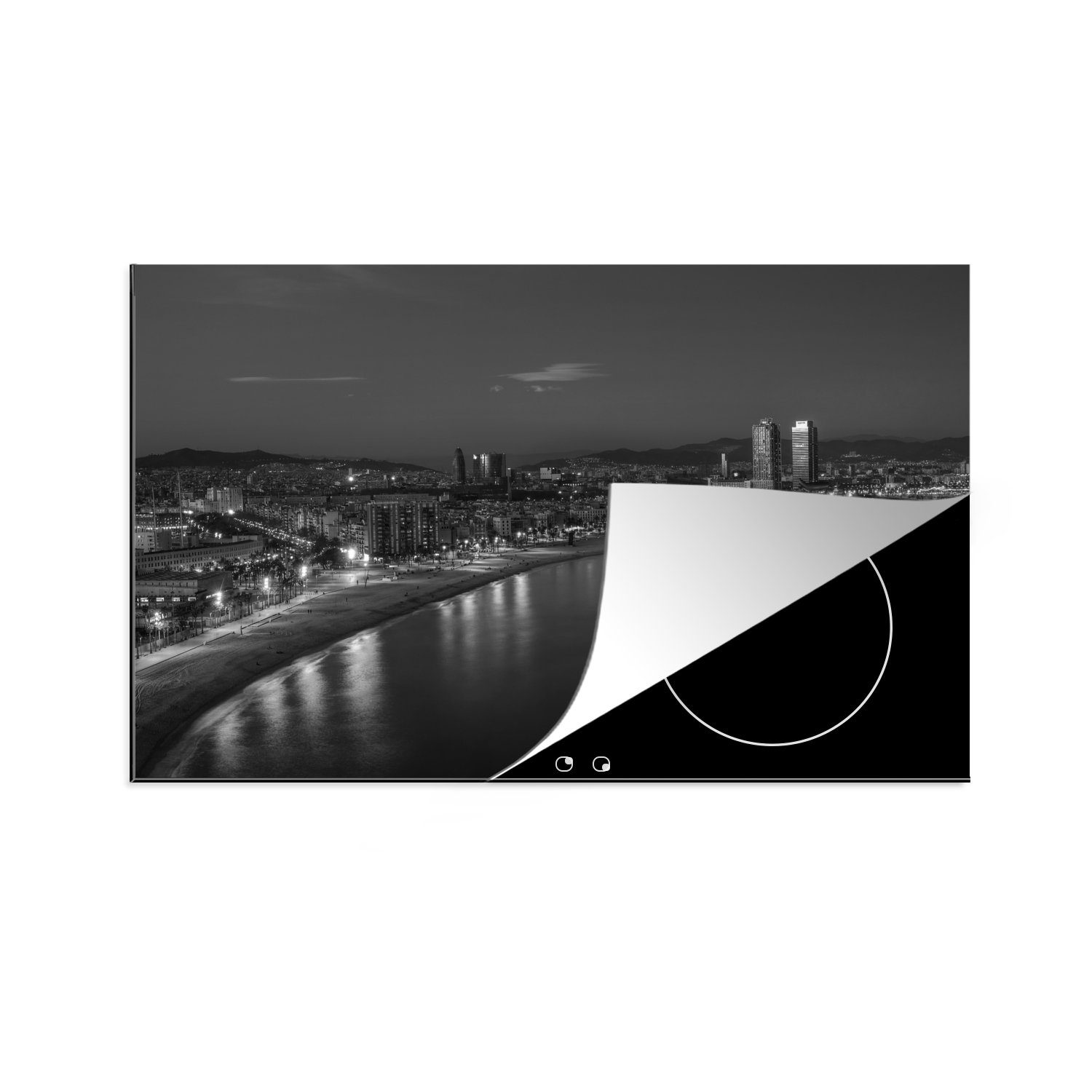 MuchoWow Herdblende-/Abdeckplatte Barcelona - Strand - Schwarz - Weiß, Vinyl, (1 tlg), 81x52 cm, Induktionskochfeld Schutz für die küche, Ceranfeldabdeckung