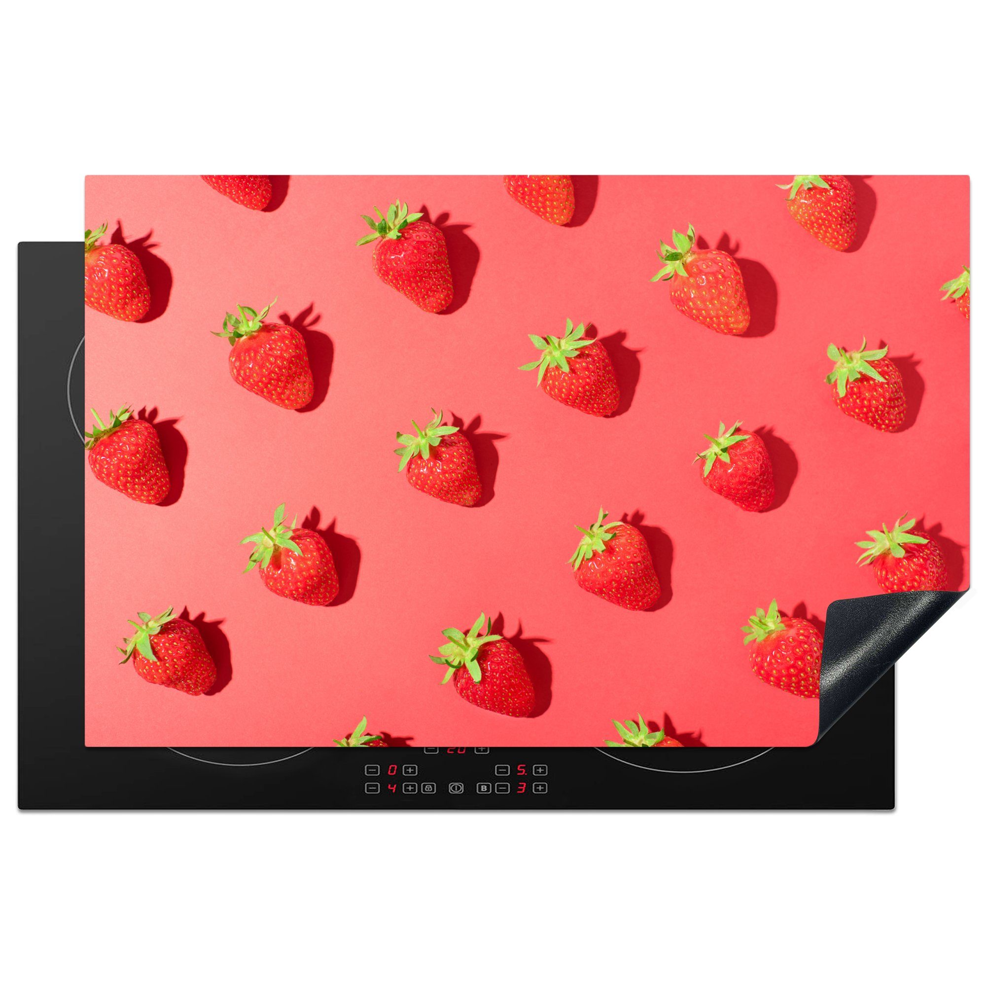 MuchoWow Herdblende-/Abdeckplatte Erdbeeren auf rotem Hintergrund, Vinyl, (1 tlg), 81x52 cm, Induktionskochfeld Schutz für die küche, Ceranfeldabdeckung