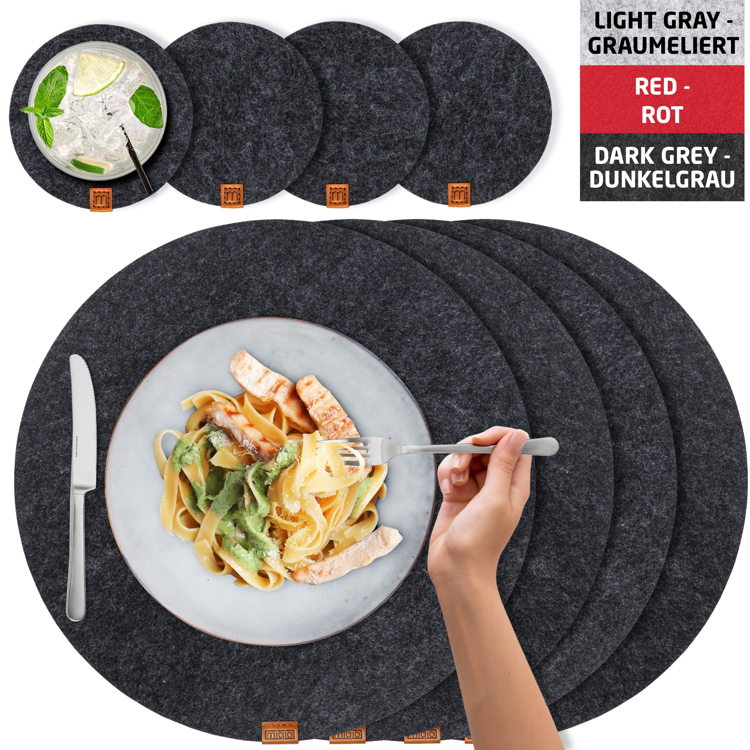 Miqio Platzset 8 er Set Tischsets 4 Platzsets Glasuntersetzer Ø 37 cm, (8-St), Schadstoffgeprüft. Ökotex zertifiziert