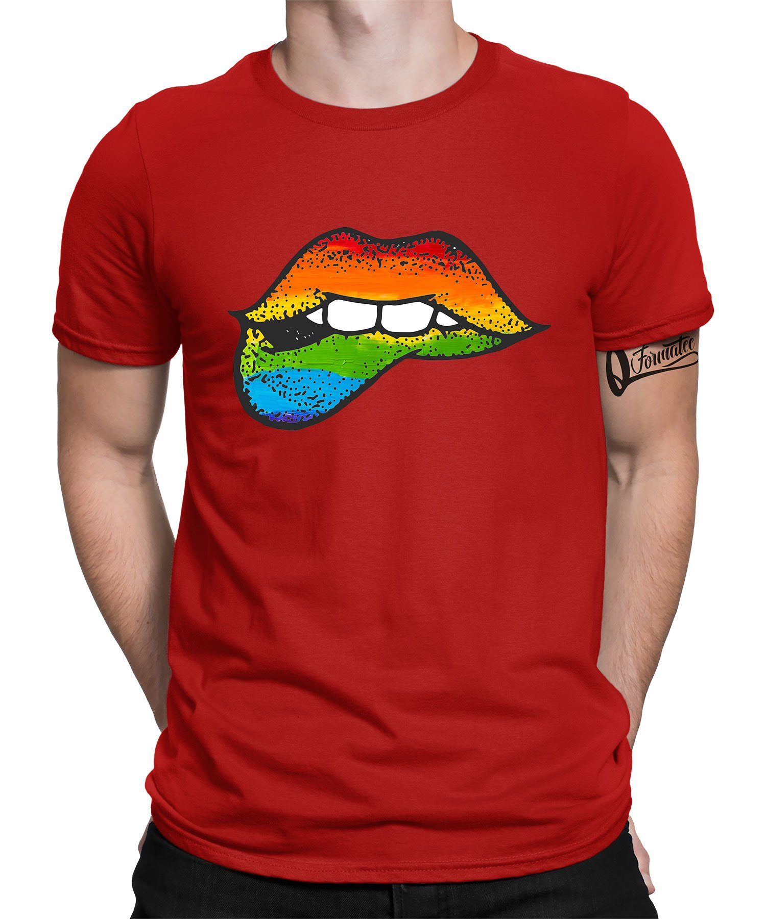 Quattro Formatee Kurzarmshirt Kussmund Lippen - Stolz Regenbogen LGBT Gay Pride Herren T-Shirt (1-tlg) Rot