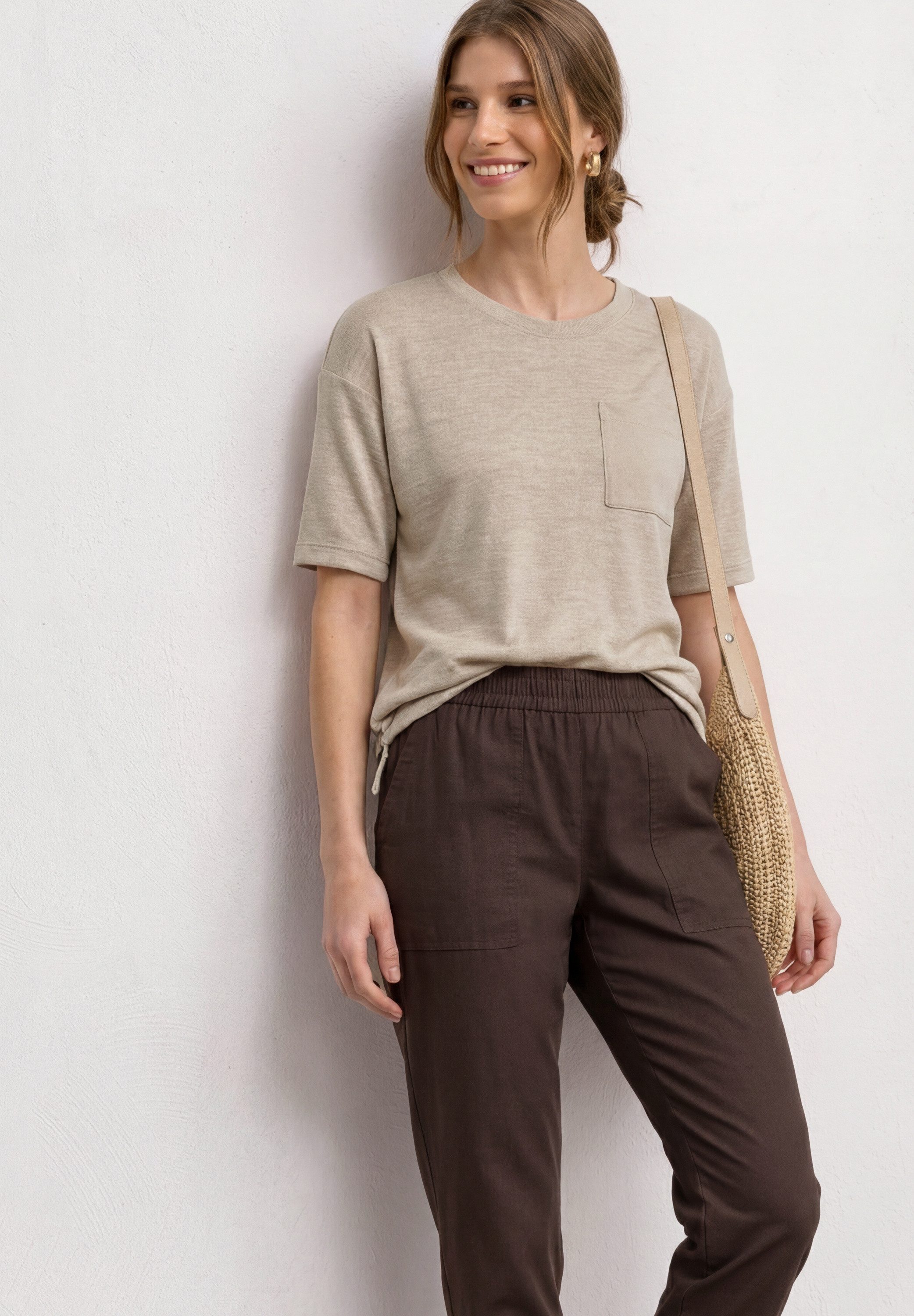 STREET ONE Rundhalsshirt Sommershirt mit Rundhals und Brusttasche/Melange-Look